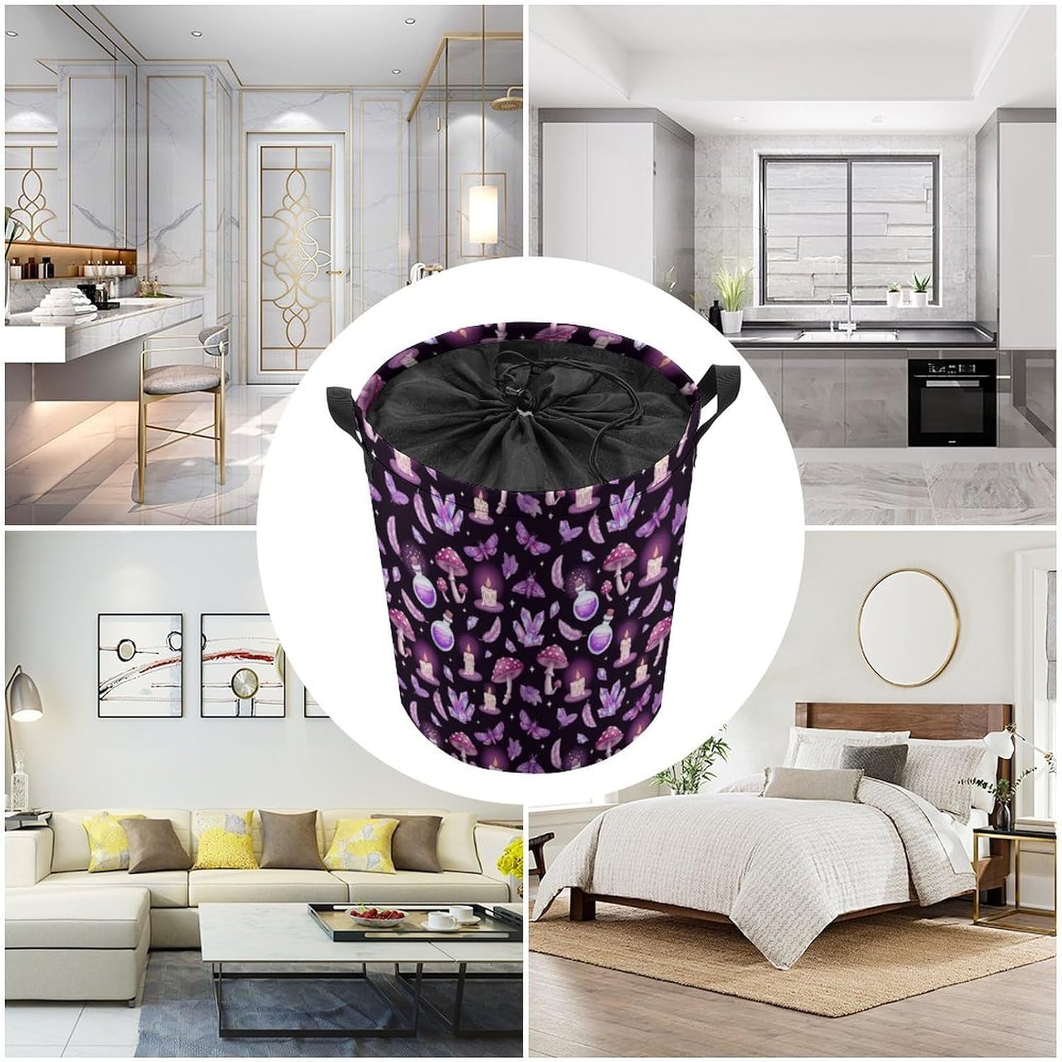 Laundry Baskets Large Waterproof Laundry Hamper, Gothic Magic Witch Witchy Trippy Purple Mushrooms Round Storage Baskets, Easy Carry for College Dormitory Living Room Bathroom