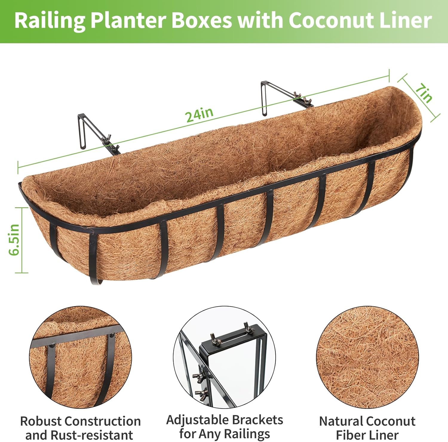 Legigo 4 Pack 24 Inch Window Boxes Railing Planter Box with Coconut Liner, Balcony Railing Planter Horse Trough Deck Window Planters, Metal Railing Hanging Flower Baskets for Outdoor Porch Fence Patio