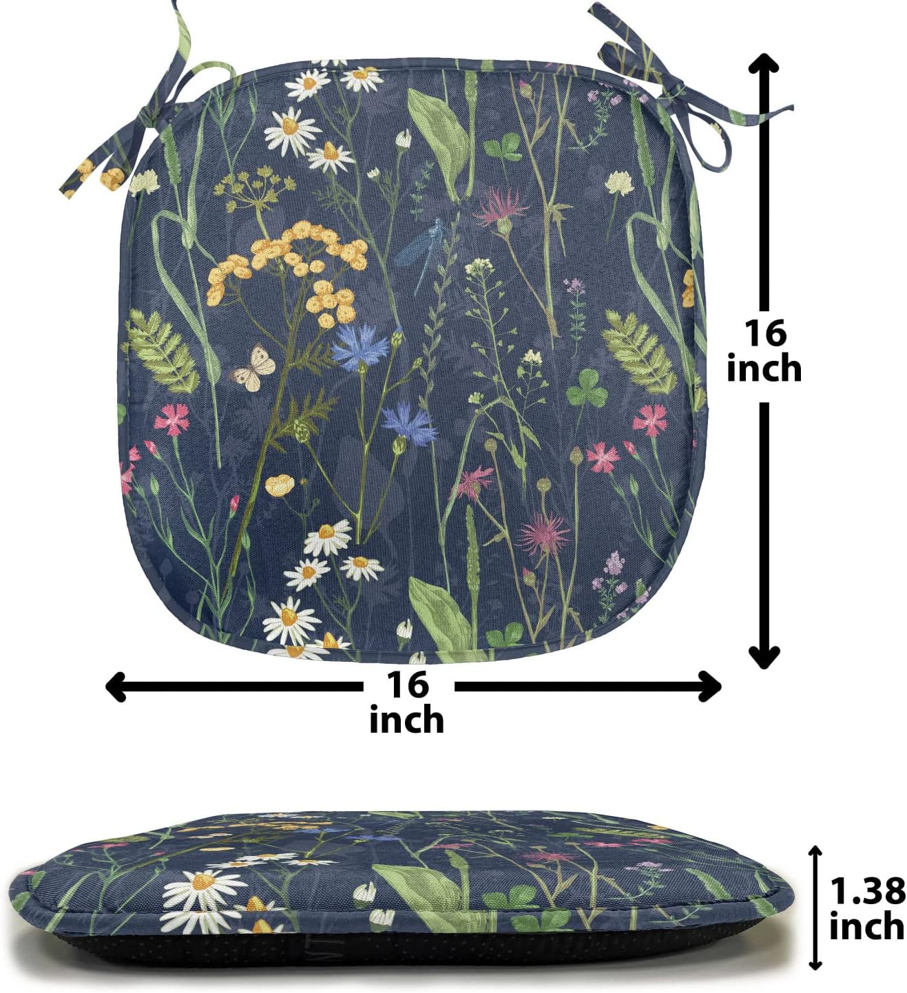 Lunarable Paint Chair Seating Cushion Set of 6, Botanical Beauty Floral Garden Daisy Magnolia Peony Lily Bloom Butterfly, Anti-Slip Seat Padding for Kitchen & Patio, 16"x16", Night Blue Reseda Green