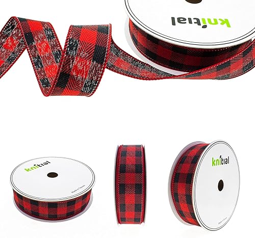 Miniatura 2 de Knitial Cinta a cuadros de búfalo con alambre de 2-12 pulgadas x 25 yardas, cinta negra y roja para envolver regalos, manualidades y decoraciones