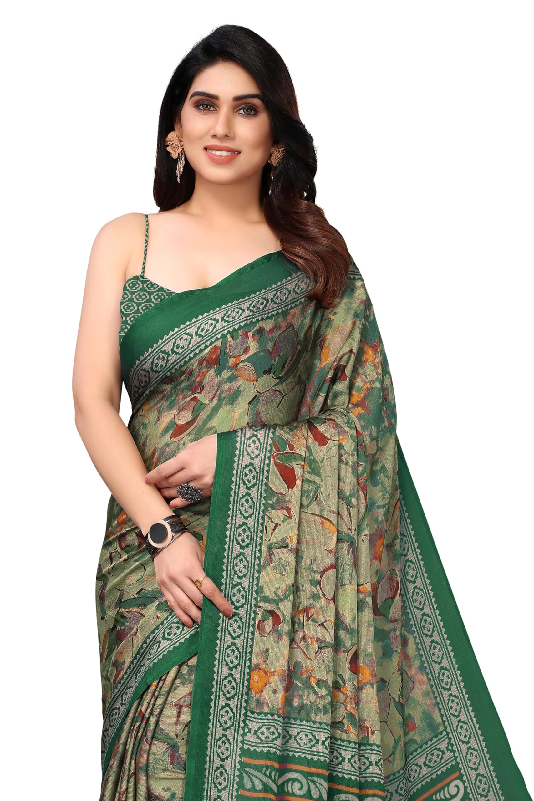 MIRCHI FASHION Women's Plain Weave Chiffon Ethnic Motif Printed Saree with Blouse Piece