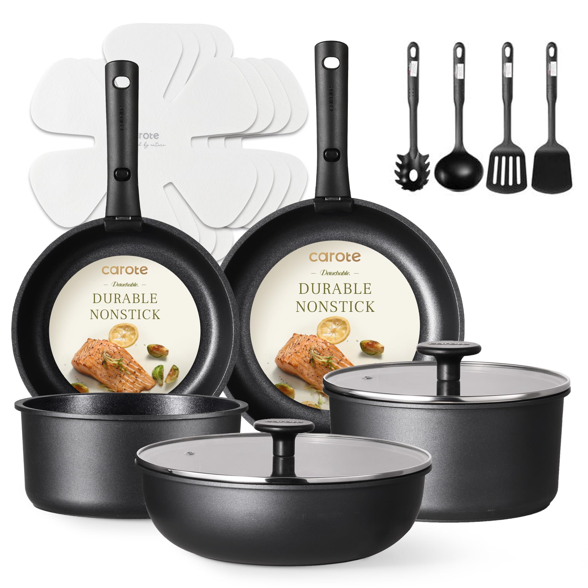 CAROTE 11pcs Pots and Pans Set Non Stick, Cookware Set Detachable Handle, Nonstick Induction Kitchen Cookware Sets Non Stick with Removable Handle, RV Cookware Set, Oven Safe Cookware Set, Black