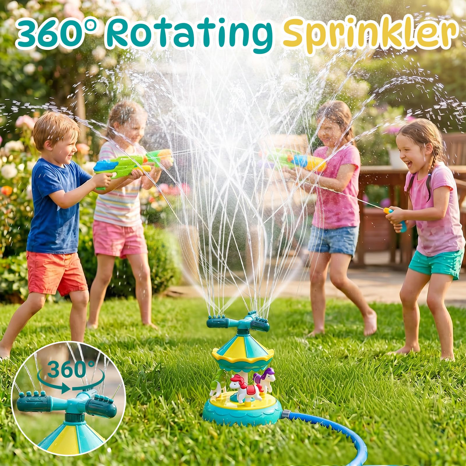 Juguete de agua para niños, juguete de jardín, aspersor de agua, aspersor de verano, juegos para niños, carrusel, césped, aspersor de césped, juguete para niños y niñas a partir de 3, 4, 5, 6, 7, 8