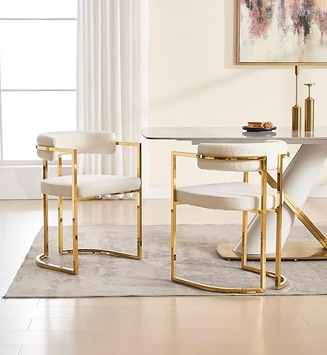 Boucle - Juego de 2 sillas de comedor, modernas sillas de comedor tapizadas con reposabrazos y patas de metal dorado, silla de cocina decorativa