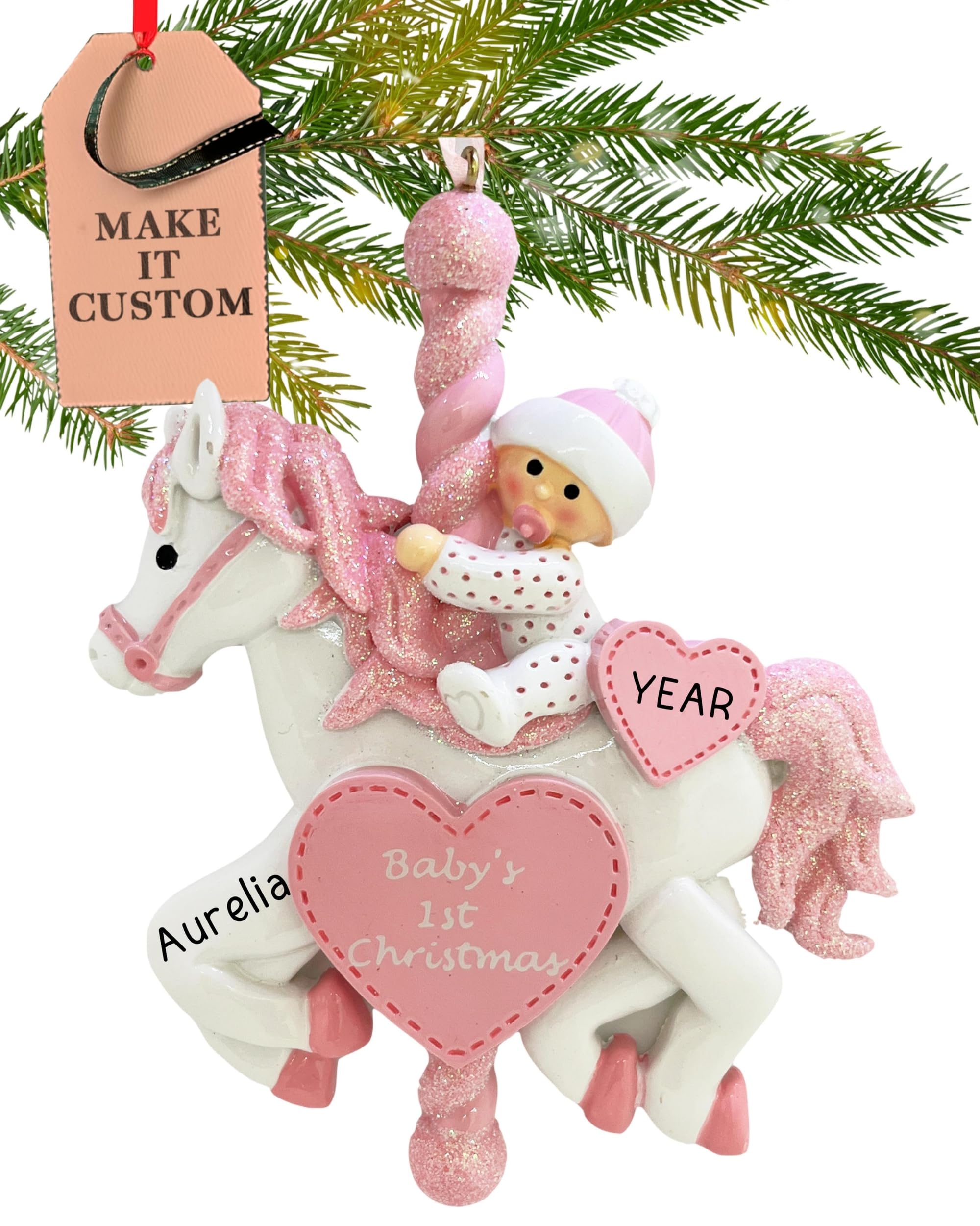 Personalised Baby Ornament 2025 – Fast & Free 24h Customisation – Baby's 1st Christmas Ornaments for Tree – Custom Gift Wrapped Pink Baby Carousel Keepsake for Newborns