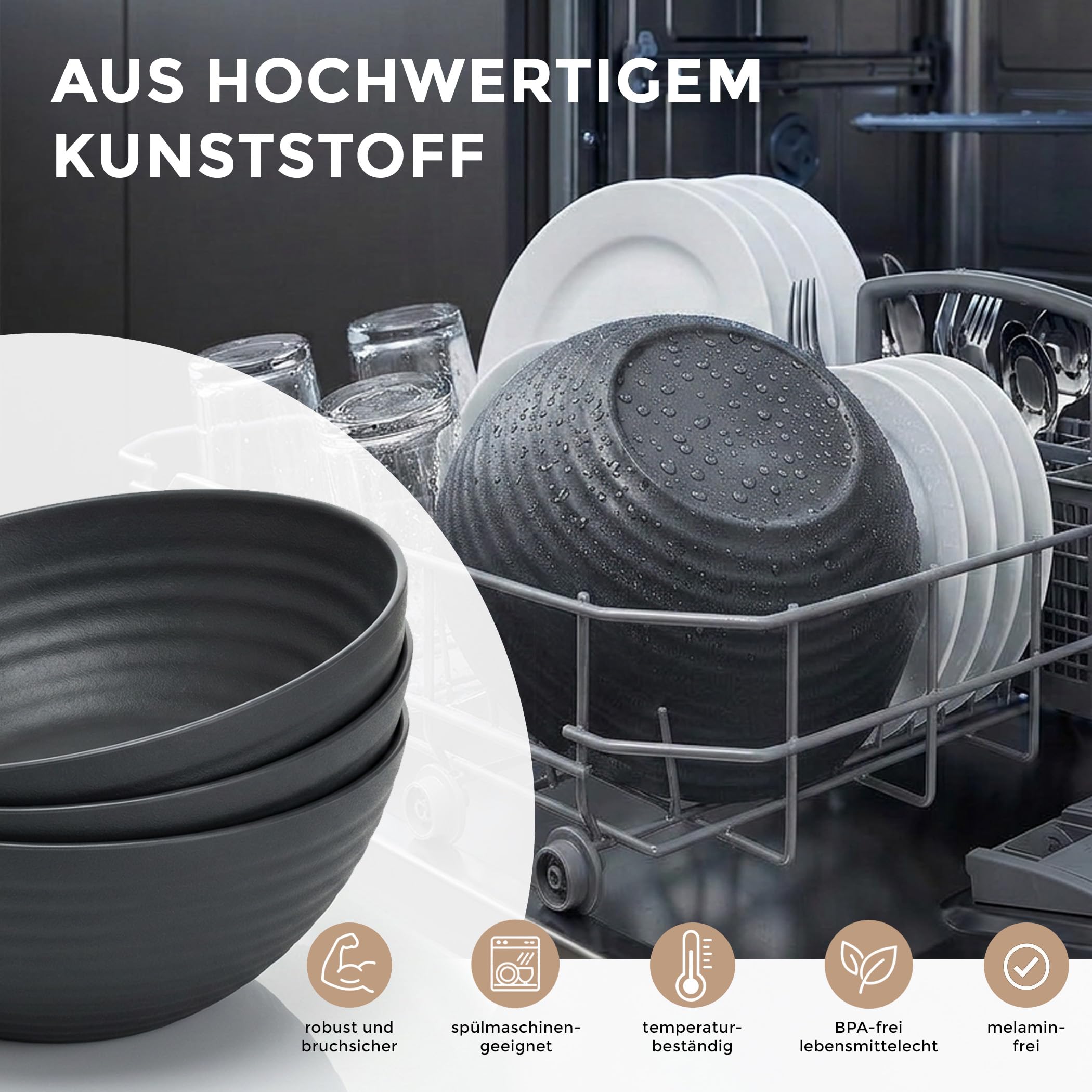 Hausfelder Salatschüssel Set 3, 3er Set, 3,3 l, Anthrazit | Kunststoff, 3er Set, 3,3 l, BPA-frei, Salatschüssel, Servierschüsseln, Matt, Schwarz, Schalen, Chipsschüsseln