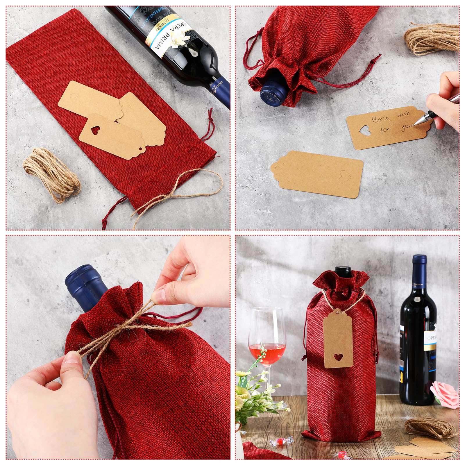 Windyun Lot de 100 sacs à vin en toile de jute avec cordon de serrage avec étiquettes 15 x 35 cm pour mariage, anniversaire, dégustation, Noël, voyage, fête (rouge vin)