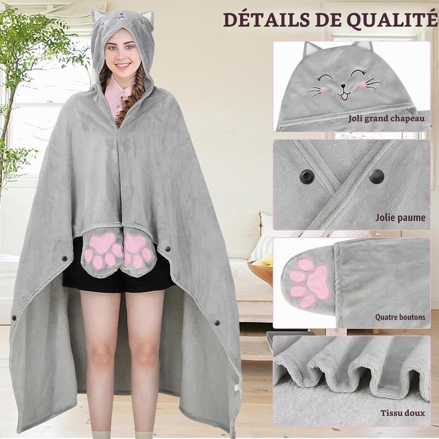 Couverture Sweat à Capuche Portable, Couverture avec Capuche en Polaire, Chaud Hiver Cadeau pour Femme Homme