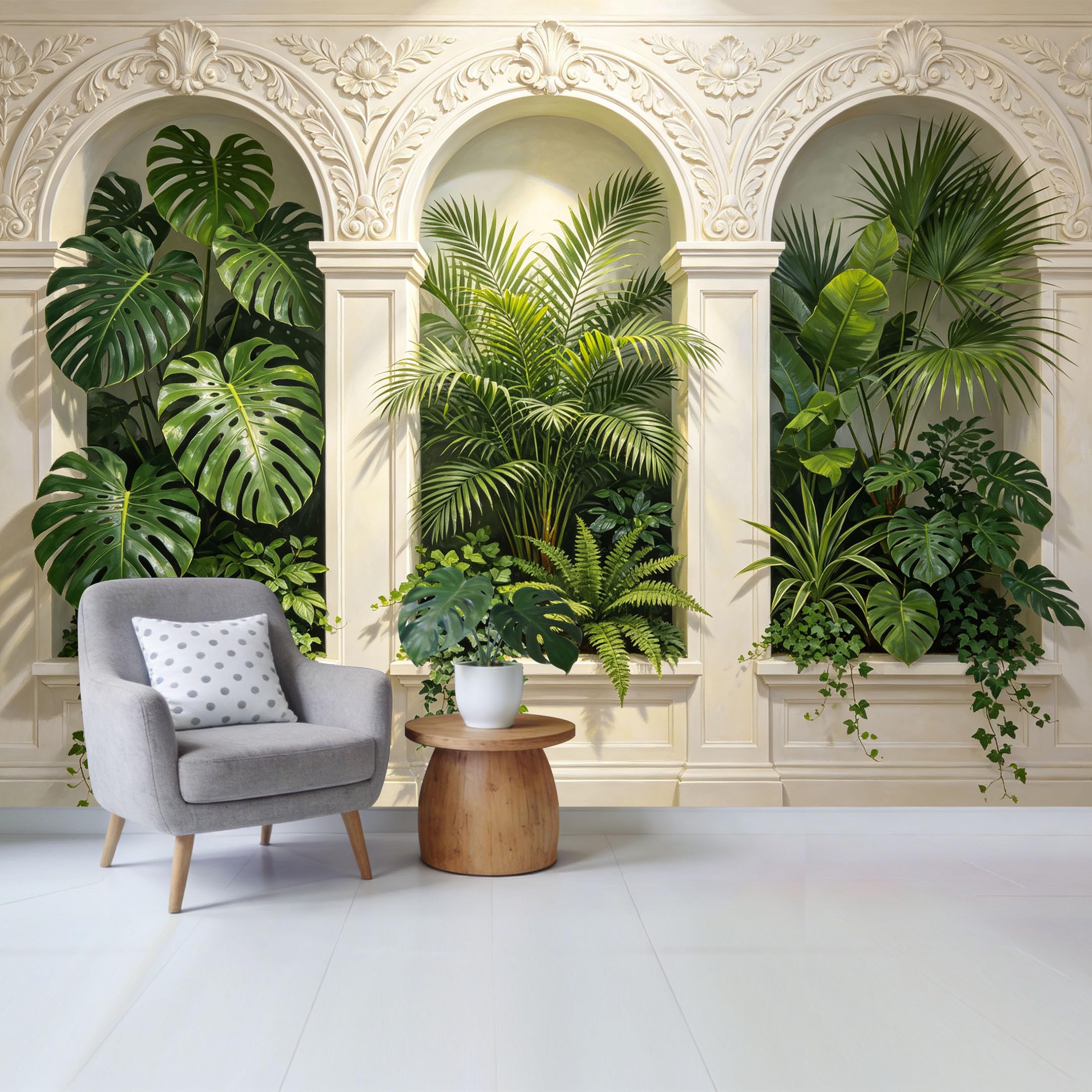 Custom Size Wall Mural Botanical Tropical Greenery Arch Design Removable Self Adhesive Fabric， Home Wall Decor for Living Room Bedroom Bathroom