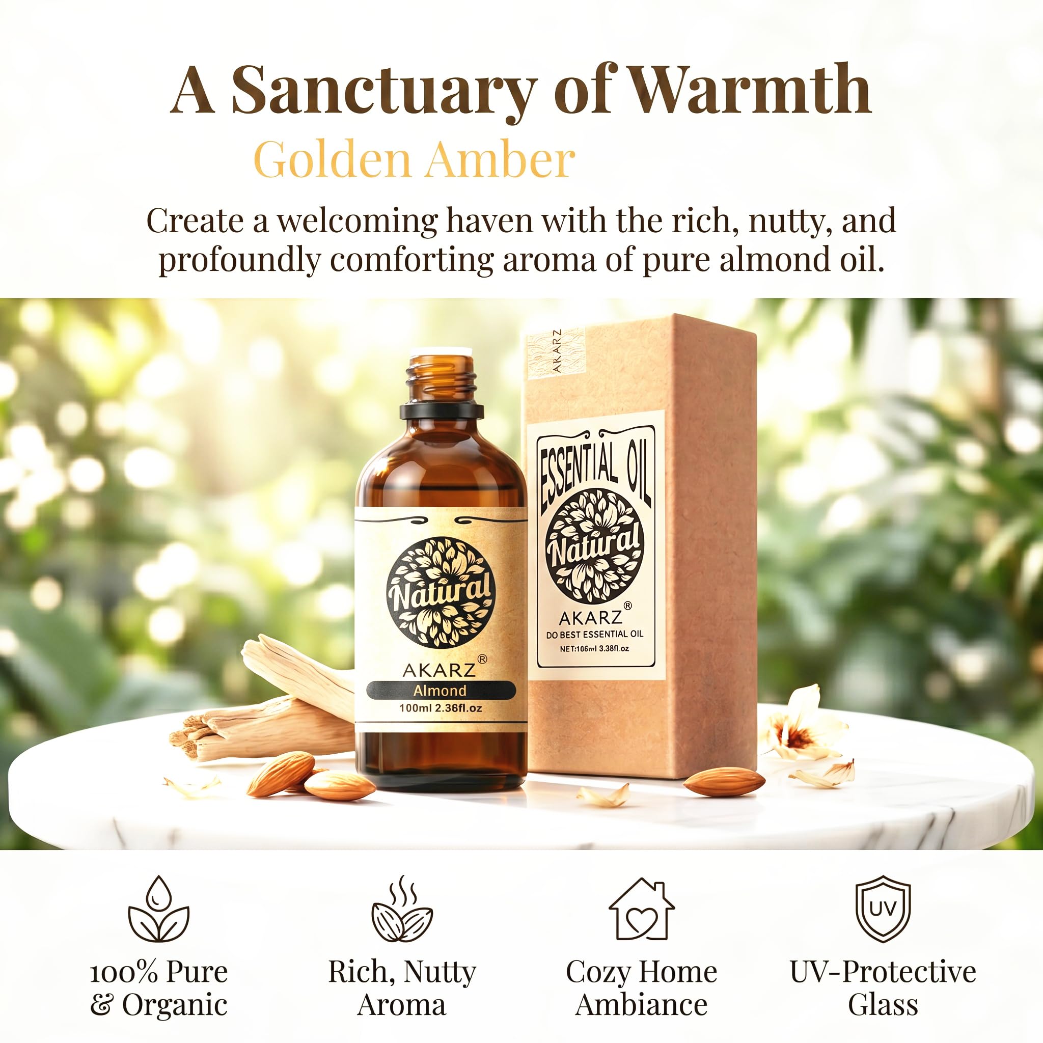 AKARZ 100ml Olejek esencjny z Migdału - Naturalny olejek aromatyczny do dyfuzorów, lamp aromatycznych i aromatów pomieszczeń