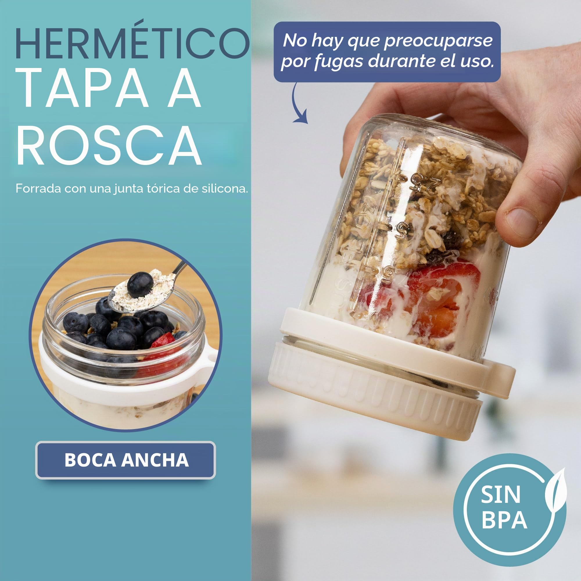 HEFTMAN Tarros de vidrio para avena nocturna con tapas, paquete de 4 tarros de avena nocturna de 350ml con cucharas y tapas de plástico coloridas herméticas, ollas de desayuno seguras para alimentos