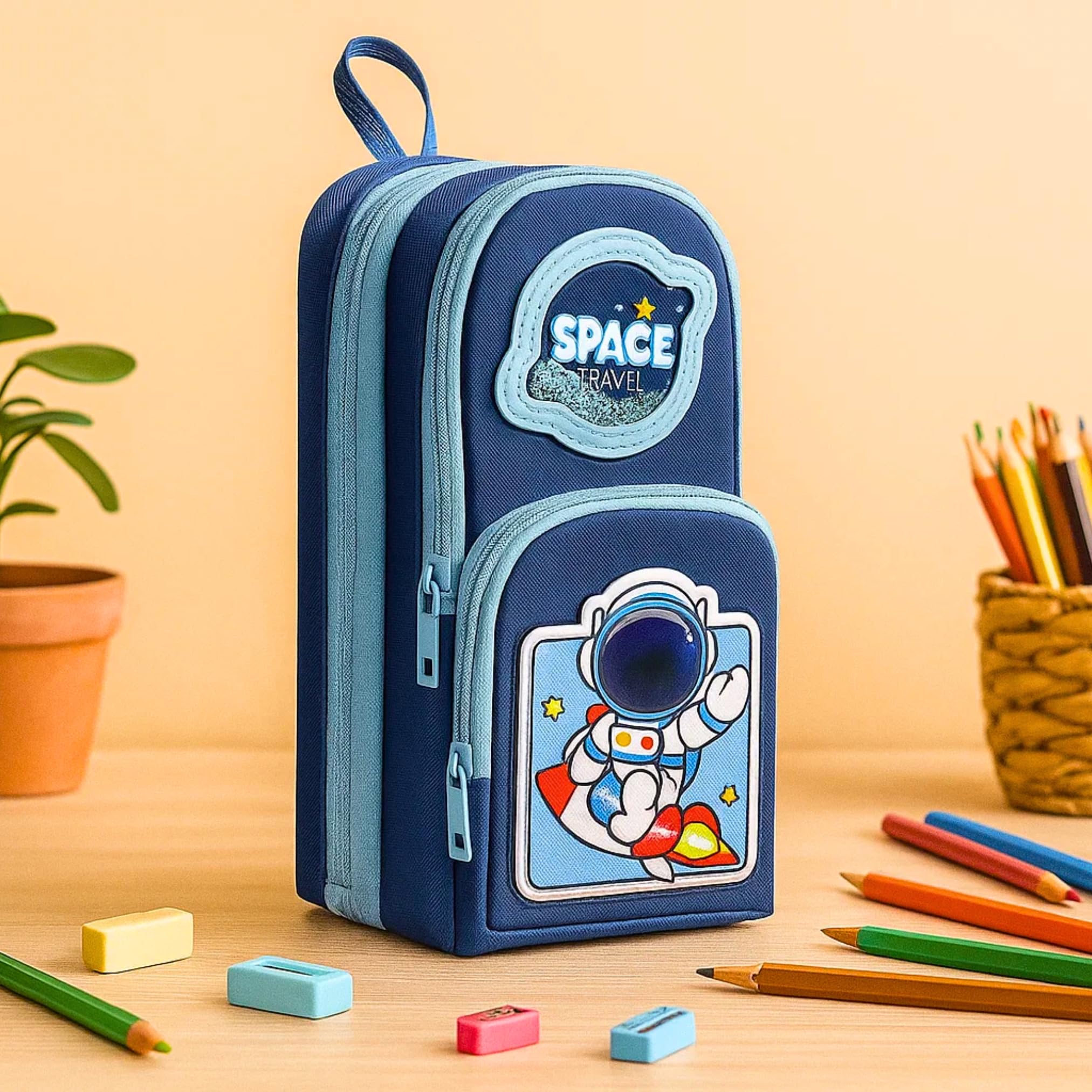 Famyo® Blue Space Pencil Case for Kids | Aesthetic School Pencil Box for Boys & Girls | Stationery Pouch with 3 Zipper Compartments | Cute Pencil Pouch for Kids 4