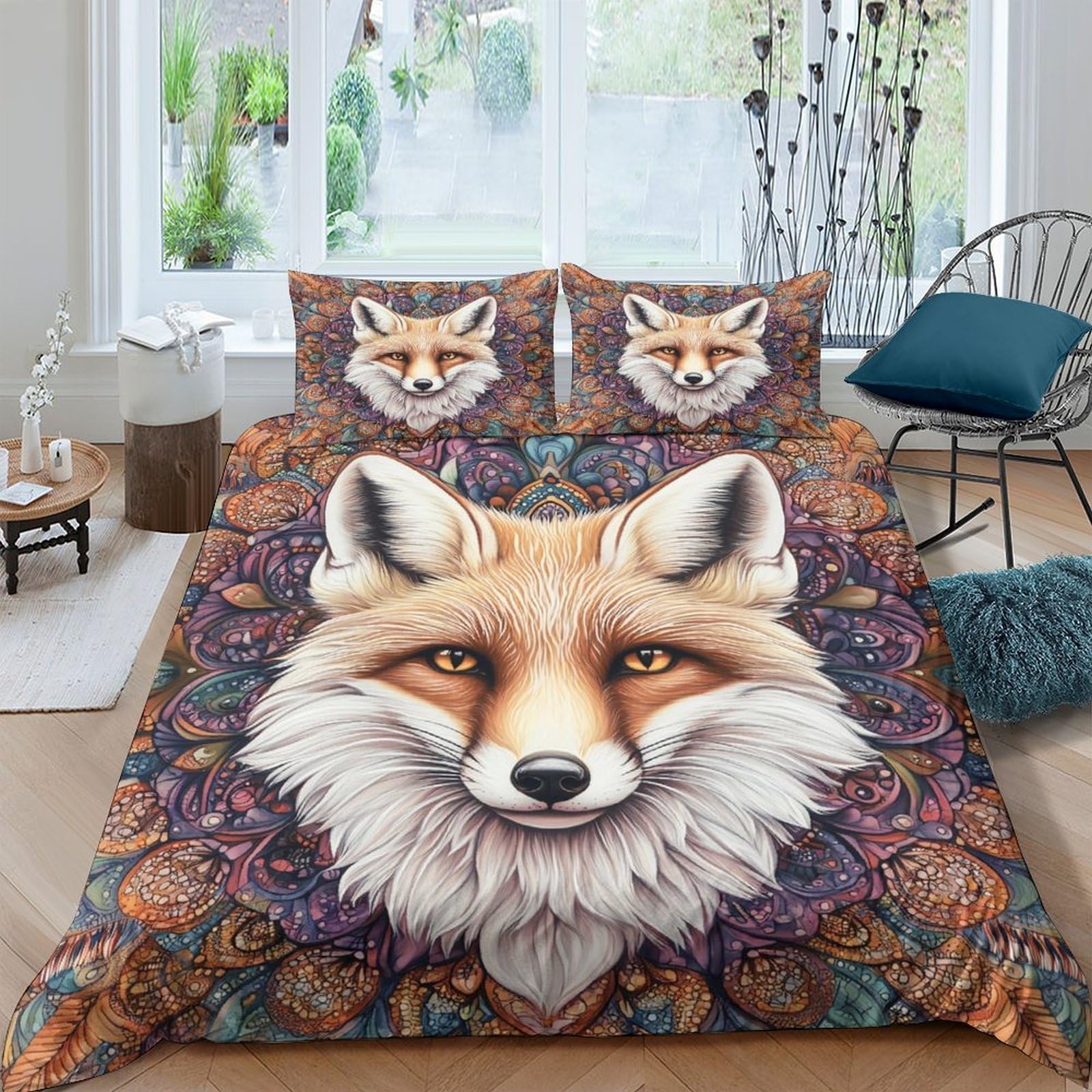 GPLZQXKJNH 3D Printed Fox Forest Duvet Cover Set Microfiber Soft Breathable Orange Animal Bedding Set with 2 Pillowcases for Bedroom Decor Single（135x200cm）