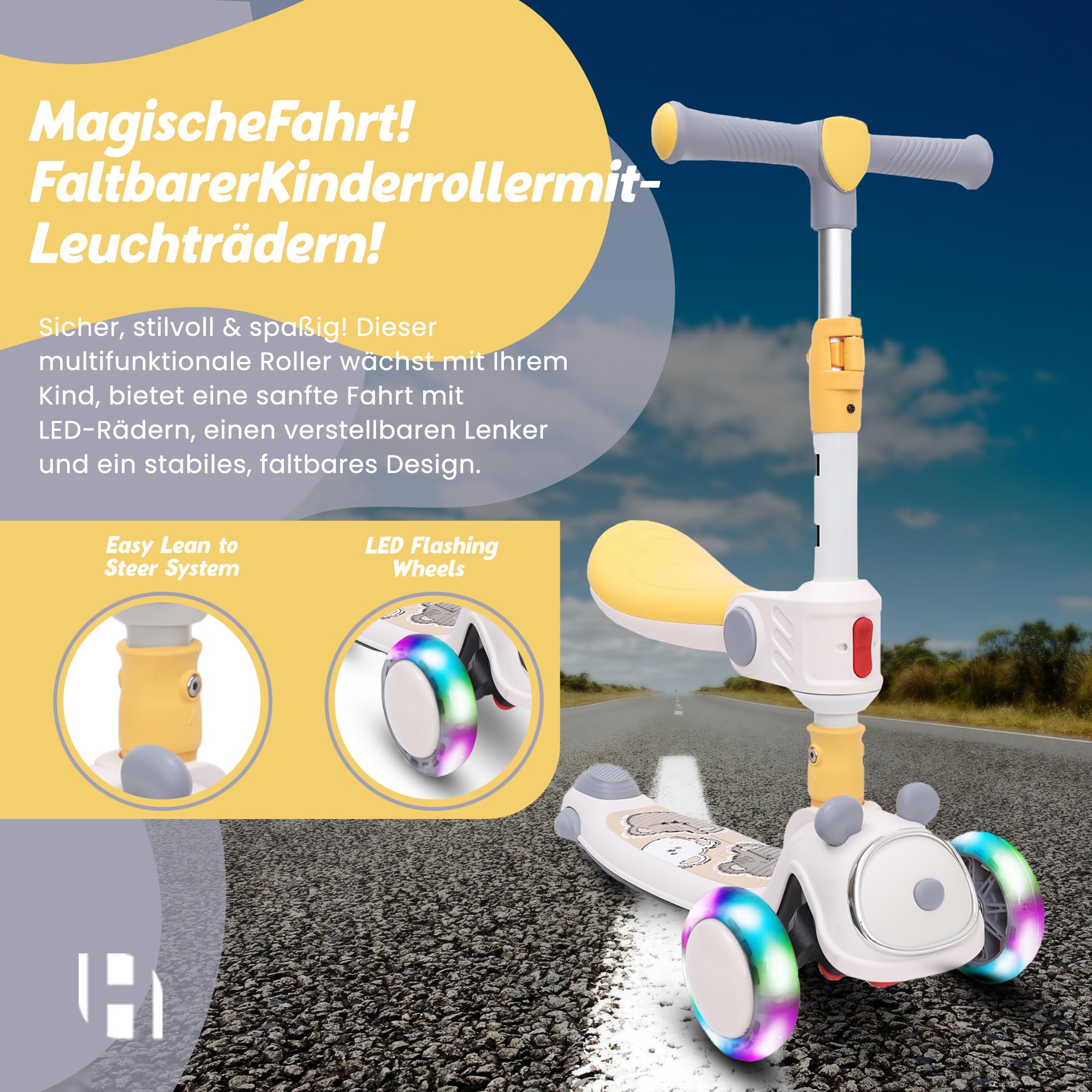 Habib Gruppe Patinete infantil 2 en 1 plegable con asiento, ruedas LED, ajustable y ligero (1-12 años), seguro y robusto