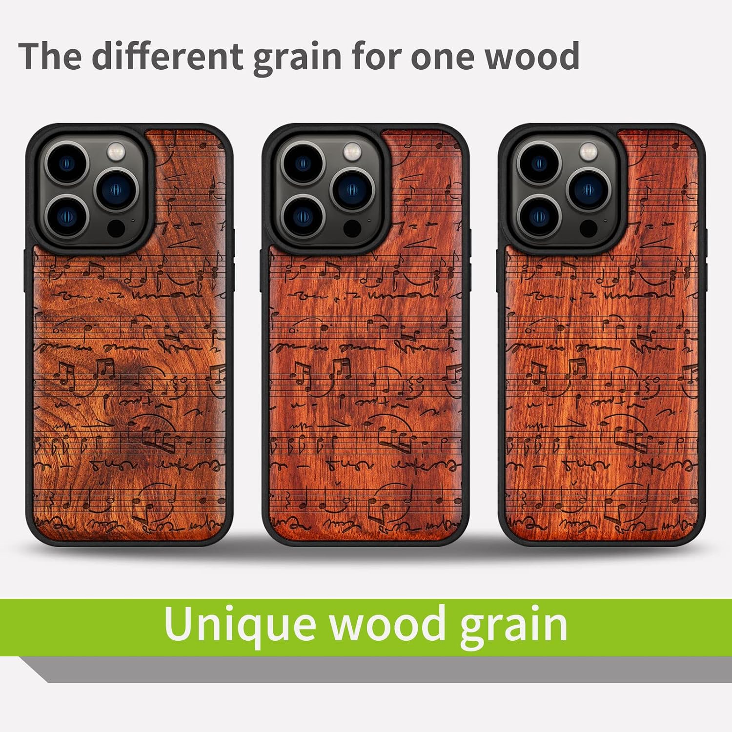 Carveit Magnetic Wood Case for iPhone 14 Pro Case [Natural Wood & Black Soft TPU] Unique & Classy Wooden Shockproof Protective Cover Compatible with magsafe (Sheet Music -Rosy)
