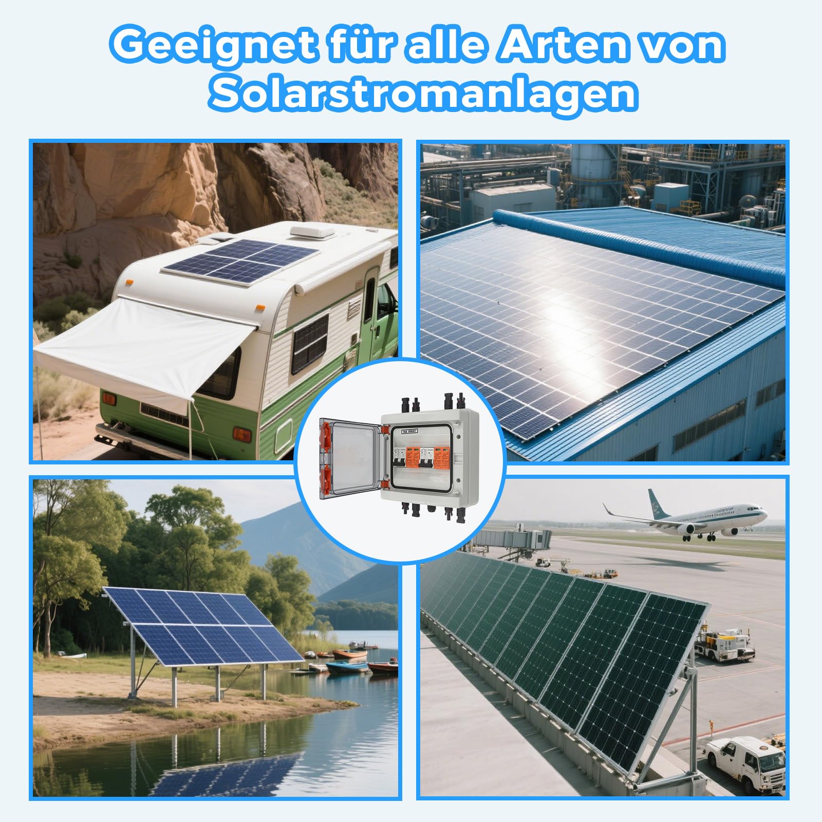 Überspannungsschutz PV, DC 40A/1000V Trennschalter, Blitzschutz Leitungsschutzschalter(2 in 2 Out), Solar PV Anschlusskasten IP65 Wasserdicht