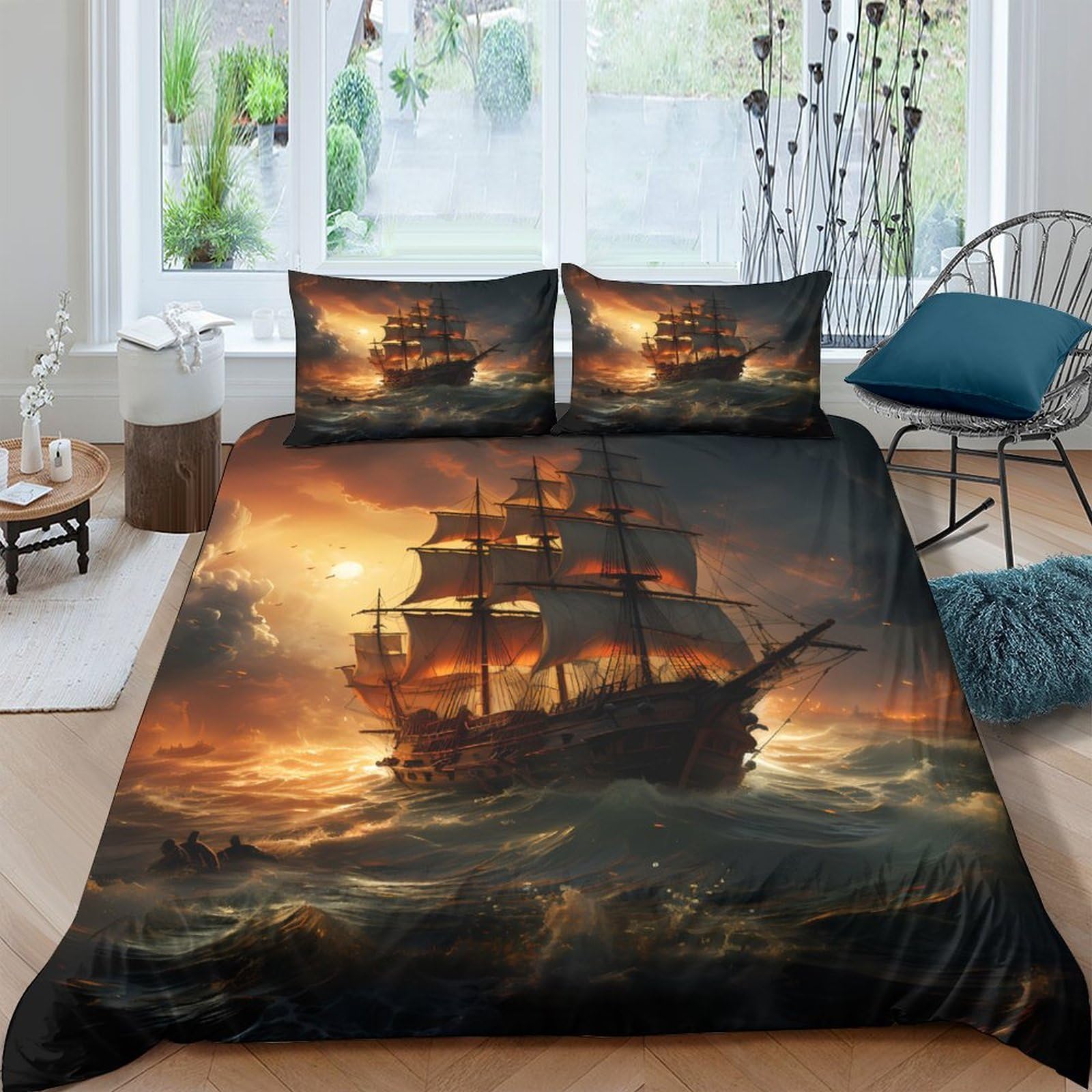 Ctjqhvkz Style-10 3D Printed Sunset Pirate Ship Fitted Sheet Microfiber Soft Mattress Cover For Bedroom Decor Dustproof Washable Single（135X200cm）