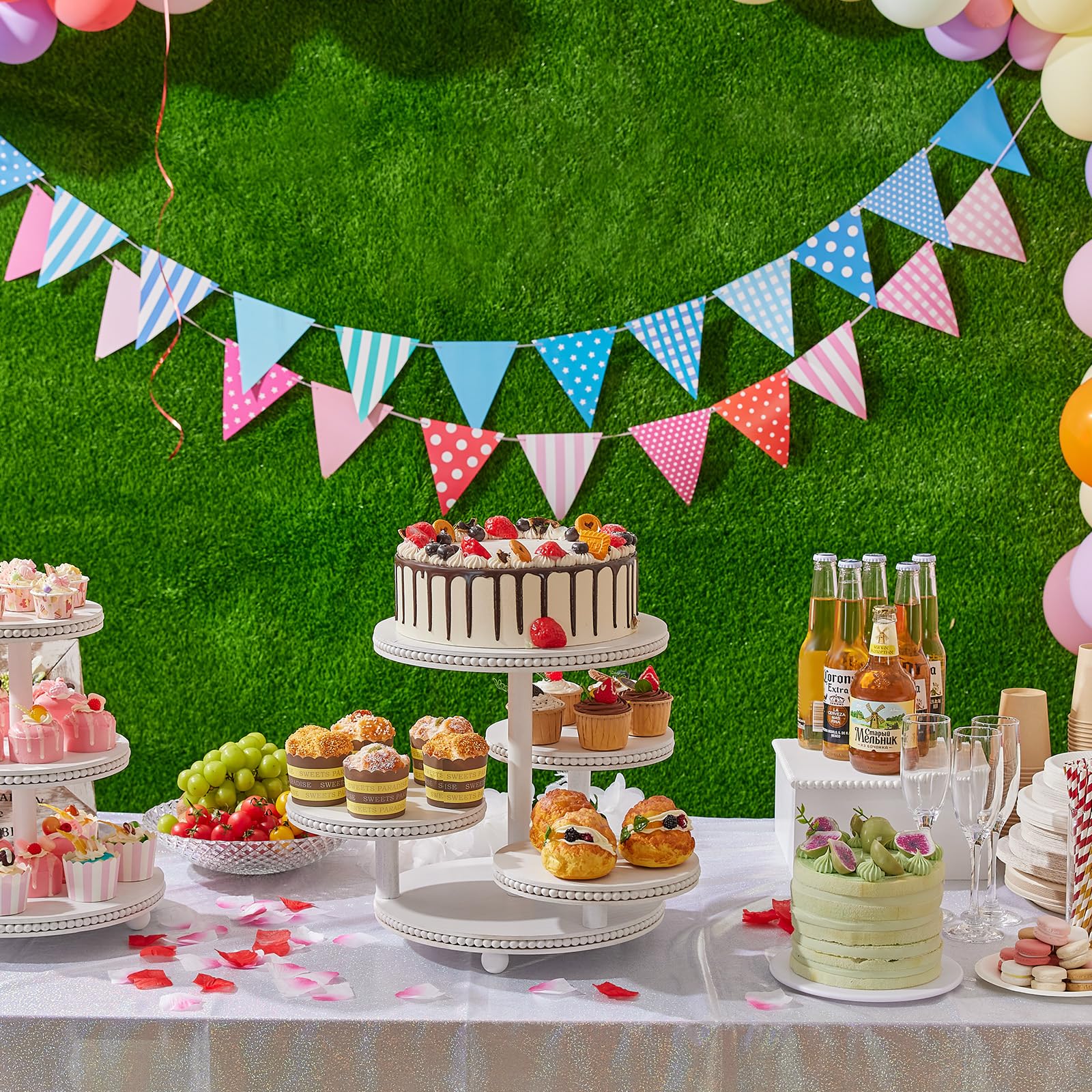 VIVIRBIEN Soporte redondo de 4 niveles para cupcakes con cuentas, soporte de madera para tartas con bandeja escalonada, decoración para 50 cupcakes, baby shower, cumpleaños, boda, graduación