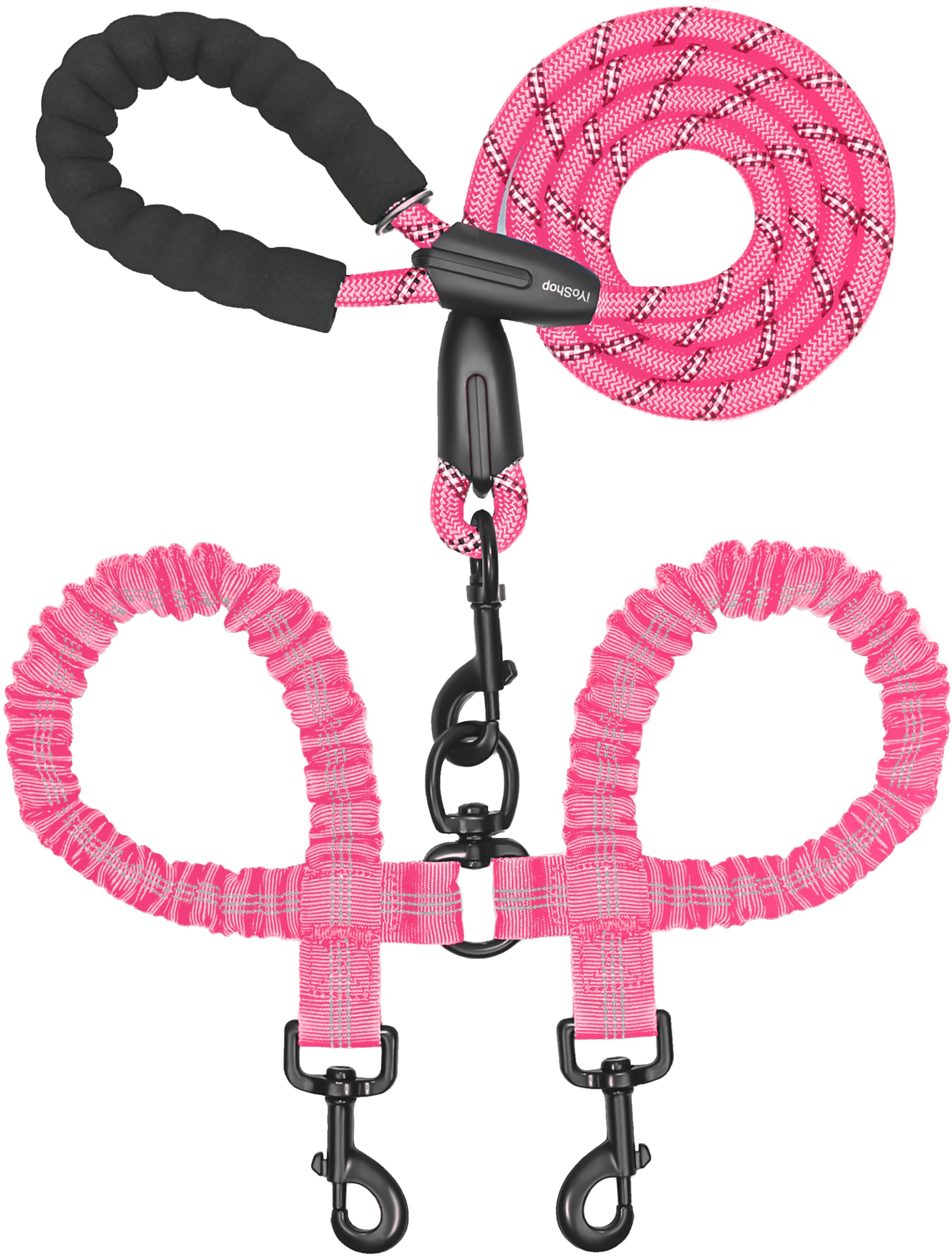 iYoShop Double Dog Leash, 360° Swivel, No Tangle, Large, 25-150 lbs, Pink