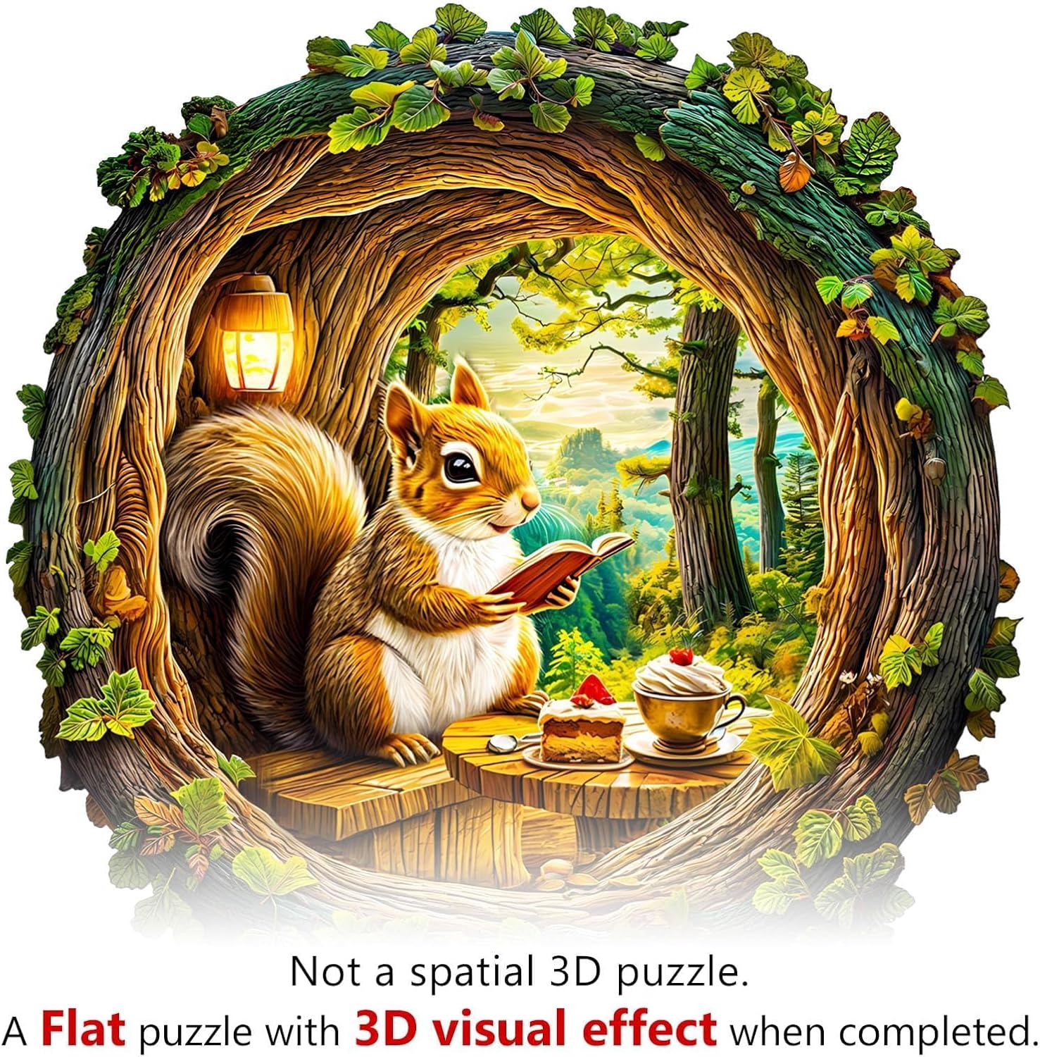 Wooden Puzzles for Adults - Squirrel in the Cave, Flat Jigsaw Puzzle with 3D Visual Effect, Unique Shape Wood Puzzles Adult, Good Gift Idea for Friend and Family (M-11.4 * 11.2in -200 Pieces)