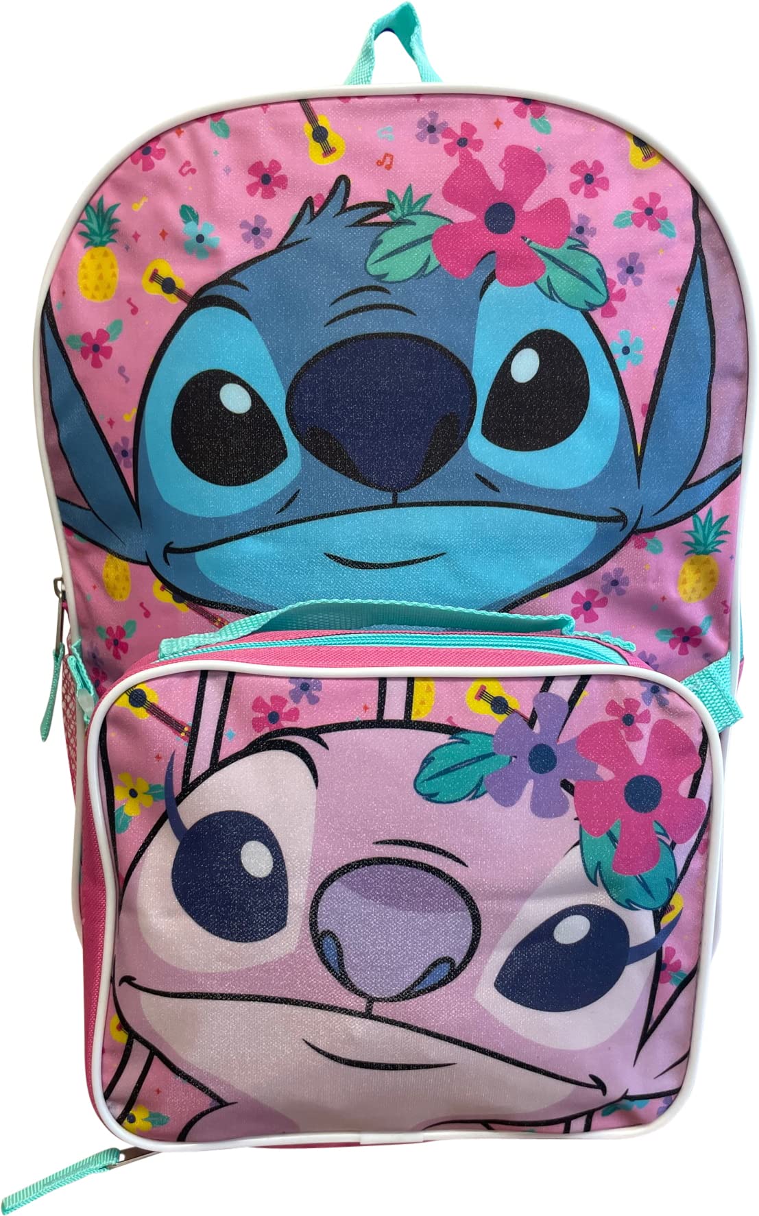 Fast ForwardStitch and Angel 15 Inch Kids Backpack With Removable Lunch Box (Pink-Aqua), Pink, Large, Softside