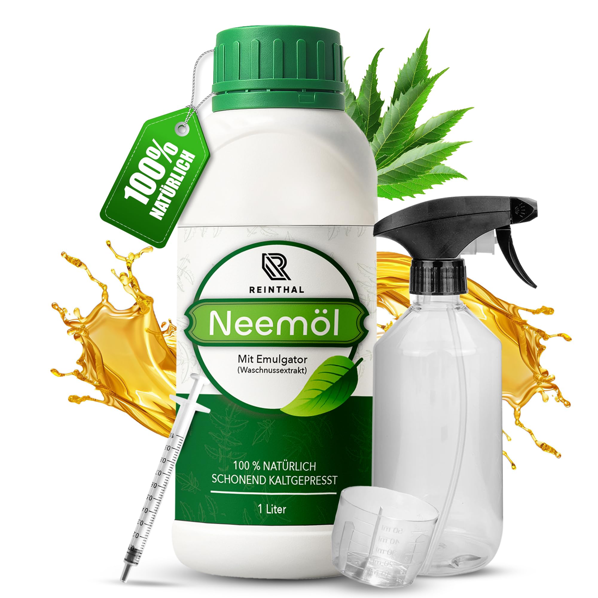 Huile de neem avec émulsifiant 1000 ml – Avec accessoires de qualité supérieure en 3 parties – Soin naturel des plantes – Donne 120 l d'huile de neem en spray prête à pulvériser – Huile de