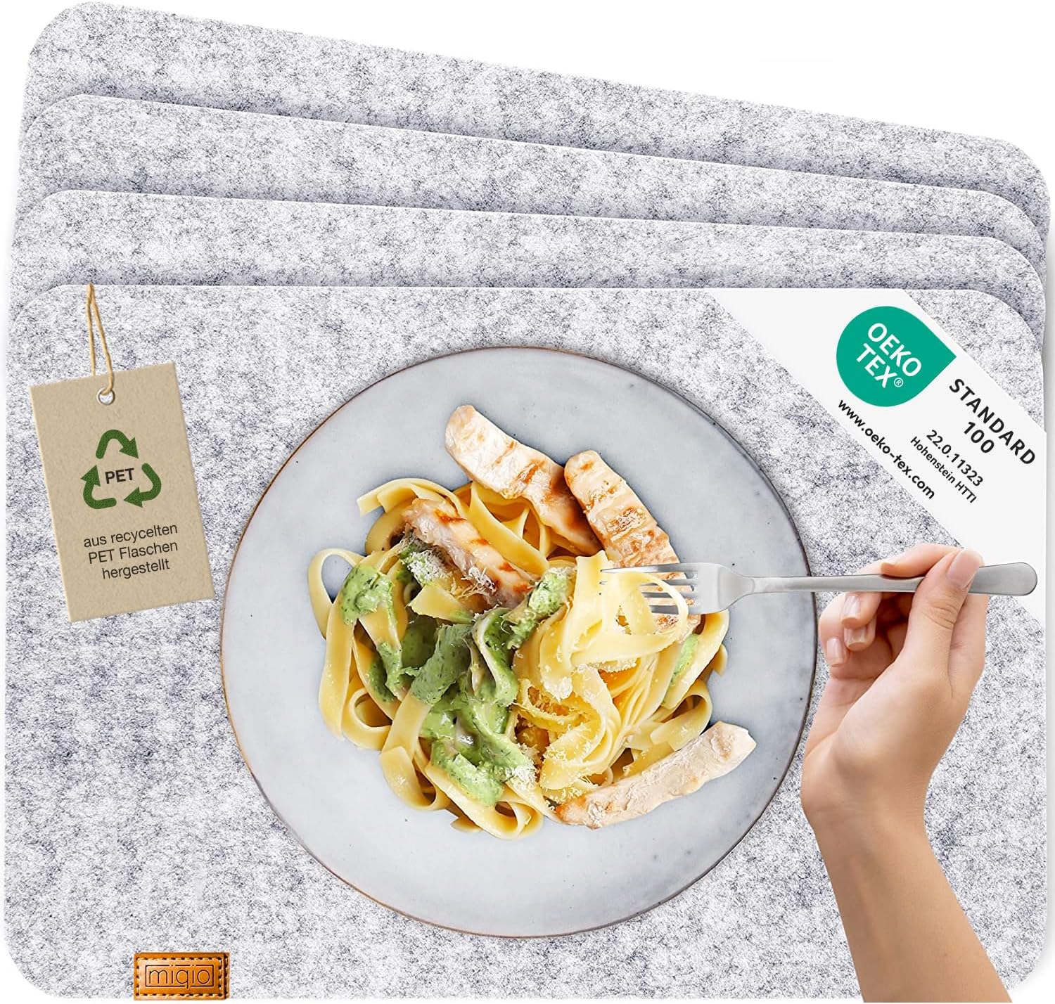 Scandi Style Felt Place Mats - Felt & Leather - Washable | Set of 4 Felt Placemats 44x30 cm | Table Mats for Table Decoration | Light Grey