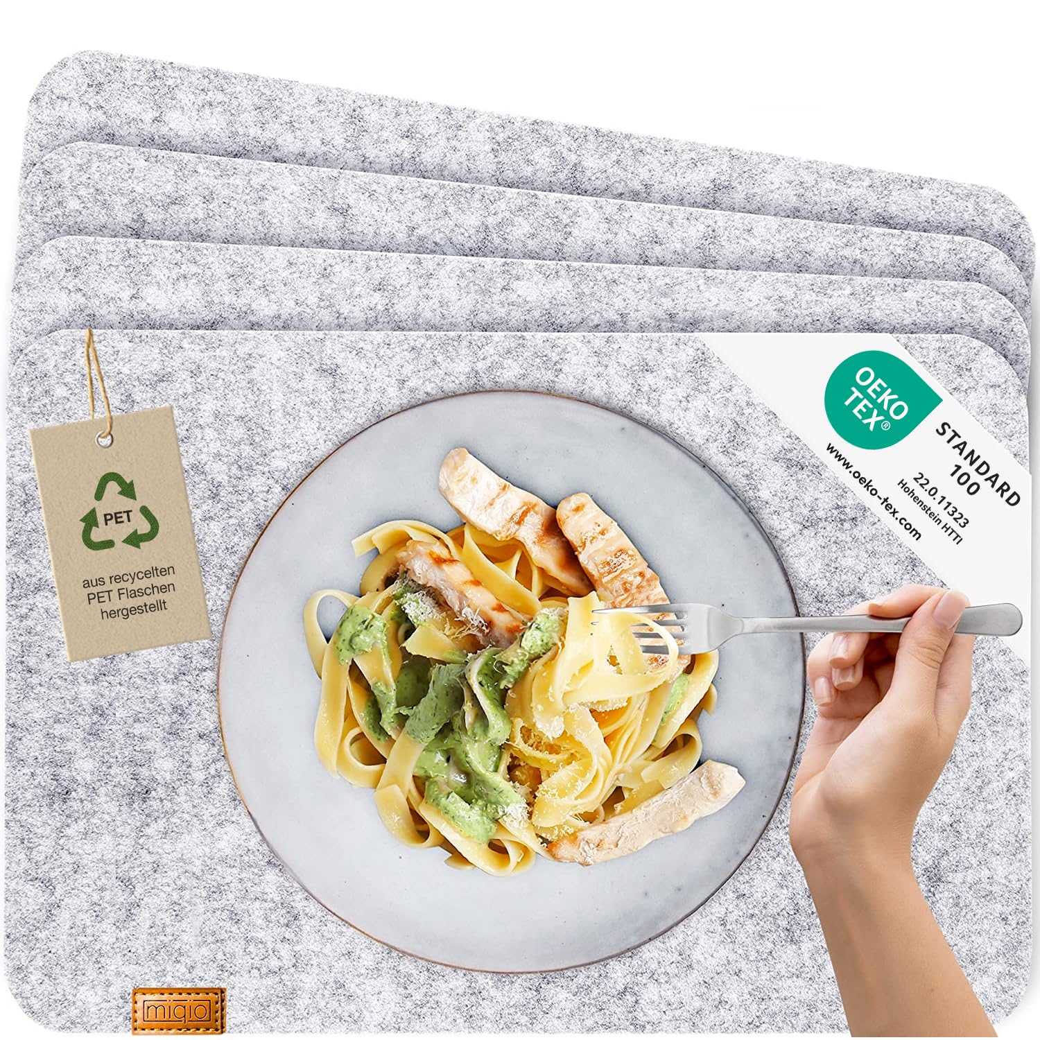 Miqio Light Grey / Rectangular Miqio® Scandi Style Felt Place Mats - Felt & Leather - Washable | Set Of 4 Felt Placemats 44X30 Cm | Table Mats For Table Decoration | Light Grey