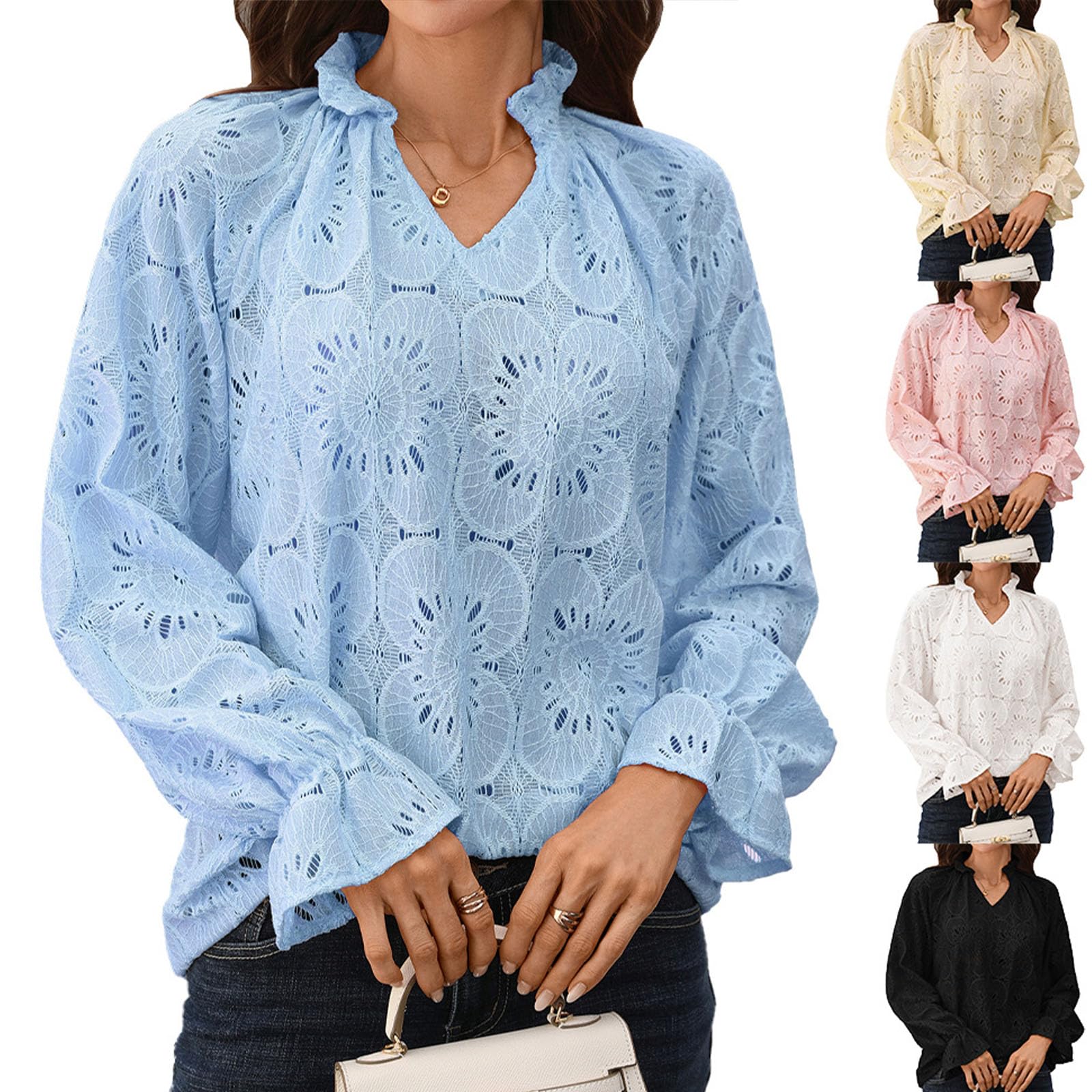Blusa para Mujer con Cuello en V, Volantes, Encaje Calado y Mangas con puño