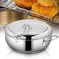 Panela de fritadeira - Tempura japonesa pequena panela de aço inoxidável com termômetro, tampa e escorredor de óleo para batatas fritas, camarão, asas de frango e camarão (28 cm/11 polegadas)