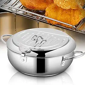 Panela de fritadeira - Tempura japonesa pequena panela de aço inoxidável com termômetro, tampa e escorredor de óleo para batatas fritas, camarão, asas de frango e camarão (28 cm/11 polegadas)
