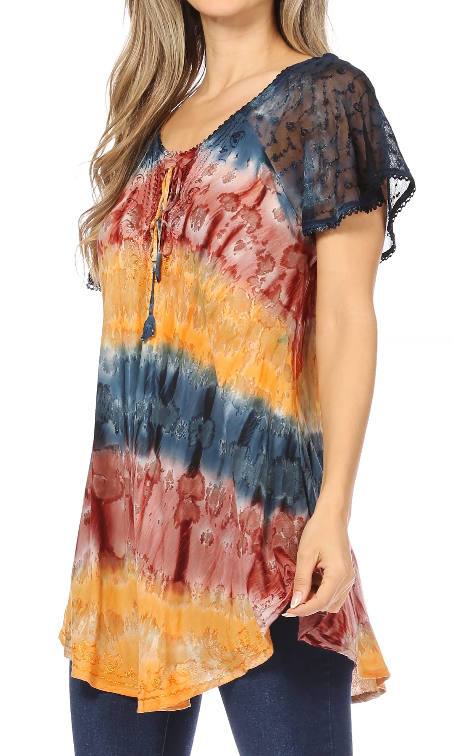 Sakkas Monet Long Tall Tie Dye Ombre Casquette brodée à Manches Blouse Shirt Top
