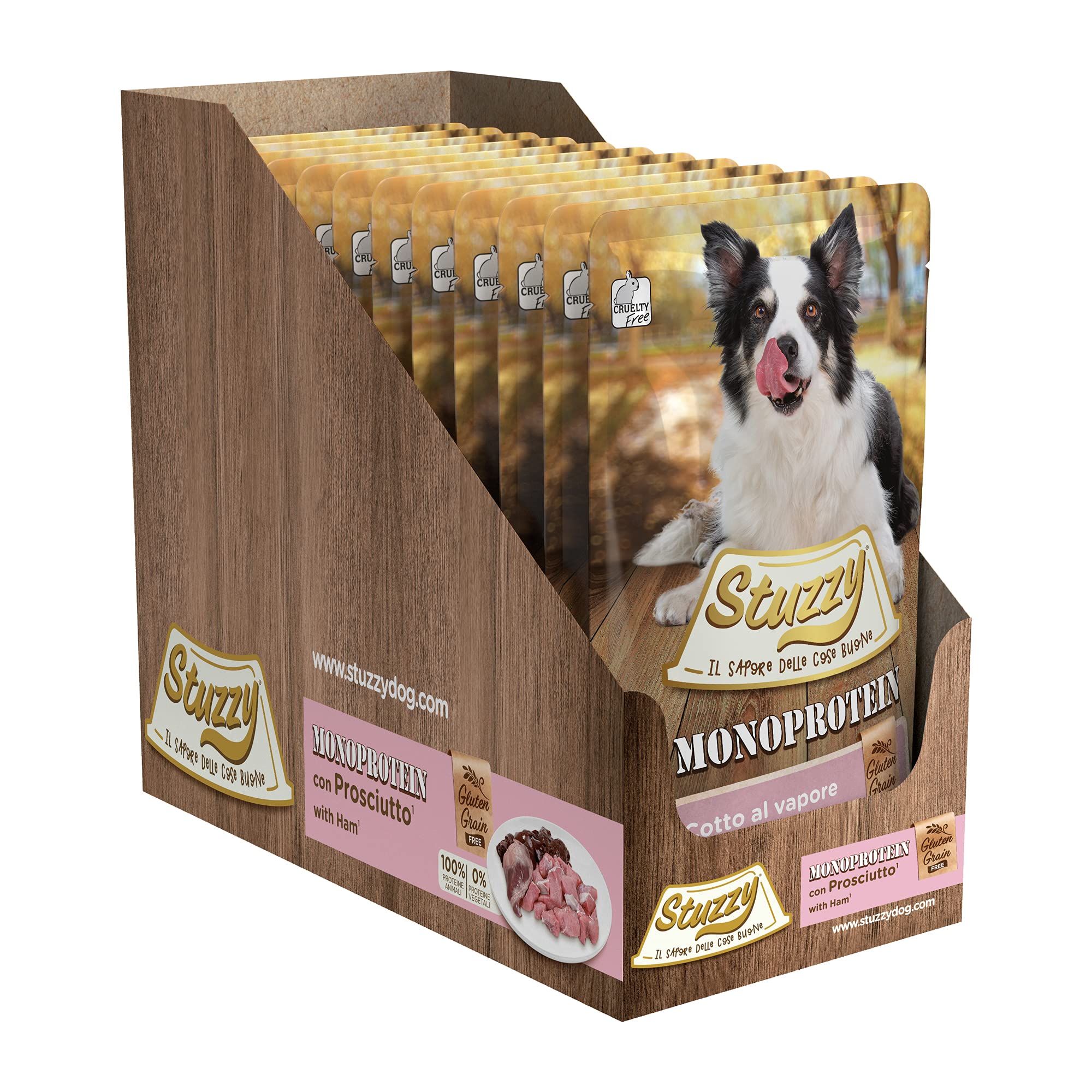 Stuzzy Monoprotein Grain & Gluten Free Cibo Umido per Cani Adulti Gusto Prosciutto Patè 1,8kg (12x150g)