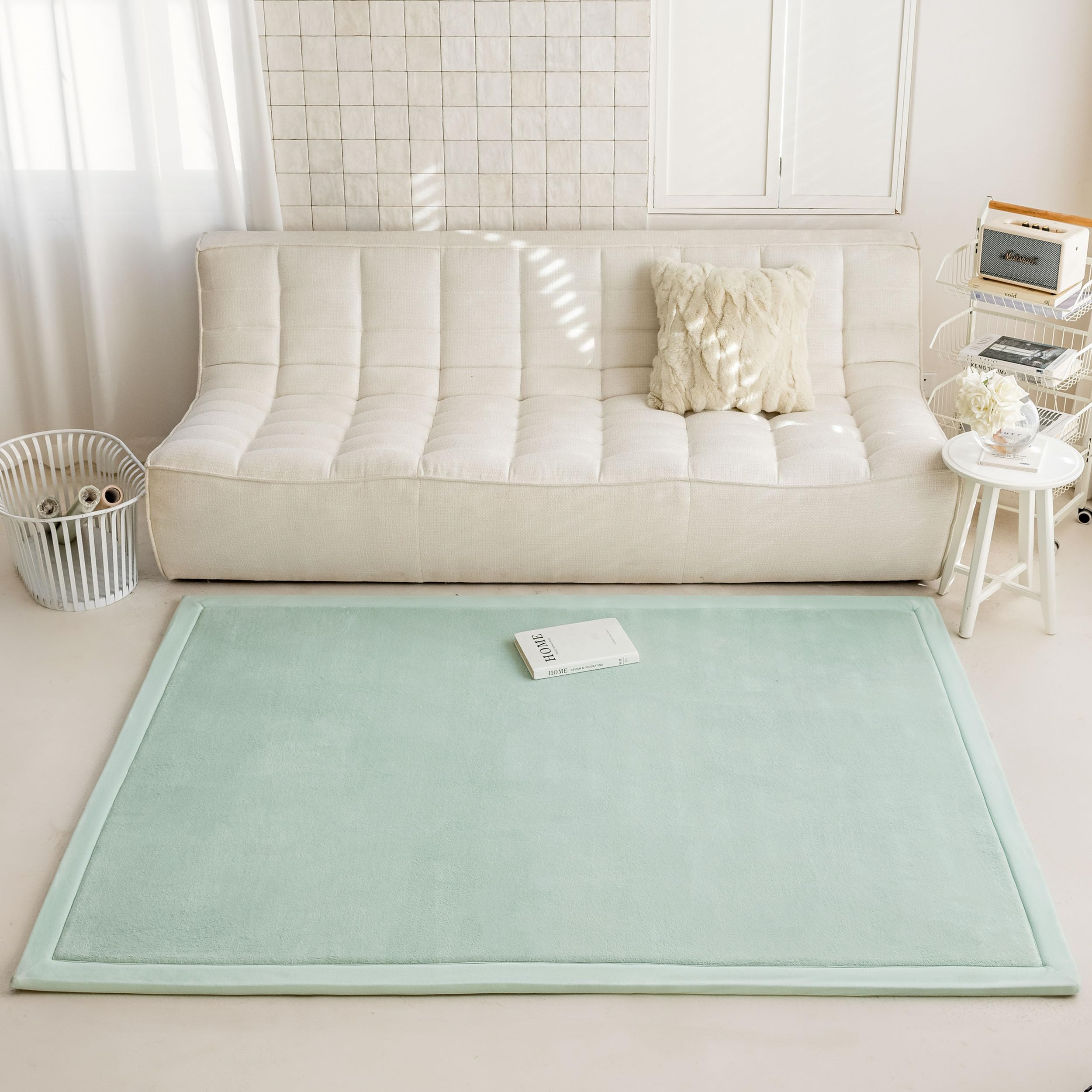 IOTXY Koralle Samt Teppich für Kinder - Samtmatte, krabbelteppich Baby, Krabbeldecke für kinderzimmer und Wohnzimmer, Hellgrün, 150 x 150 cm