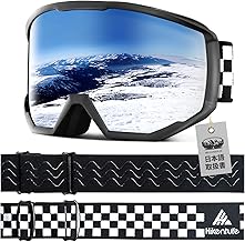 HIKENTURE Ski Goggles, Anti-Fog, Compatible with Glasses, Double Lens, Wide Field of View, Flat Surface, Helmet Compatible, UV Protection, Shock Resistant, Heat Resistant, Flame Retardant, Anti-Fog