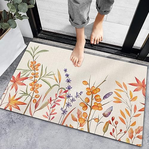 Welcome Doormat Berry Maple Leaf Fall Plant Farm,Non Slip Indoor Floor Mat Bath Rug,Vintage Linen Pastoral Entrance Carpet for Bedroom Kitchen