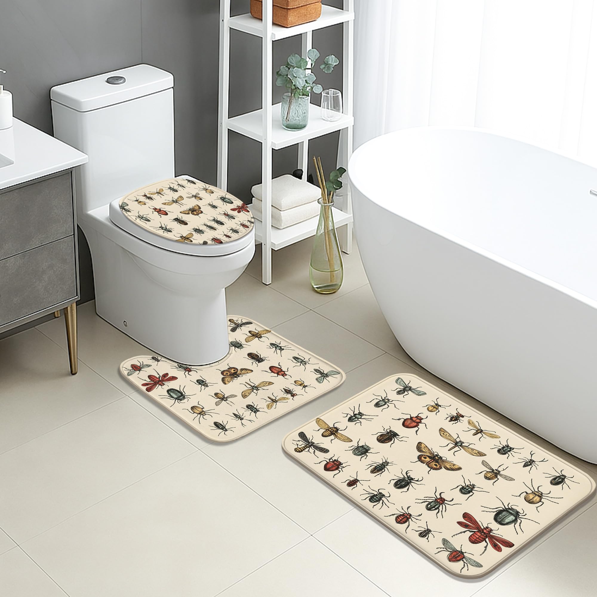 Vintage Insect Bathroom Mat Sets, Antique Bug Design Absorbent Non Slip Toilet Rugs Washable, Spring Decor Quick Dry Memory Foam Bathroom Rug Set