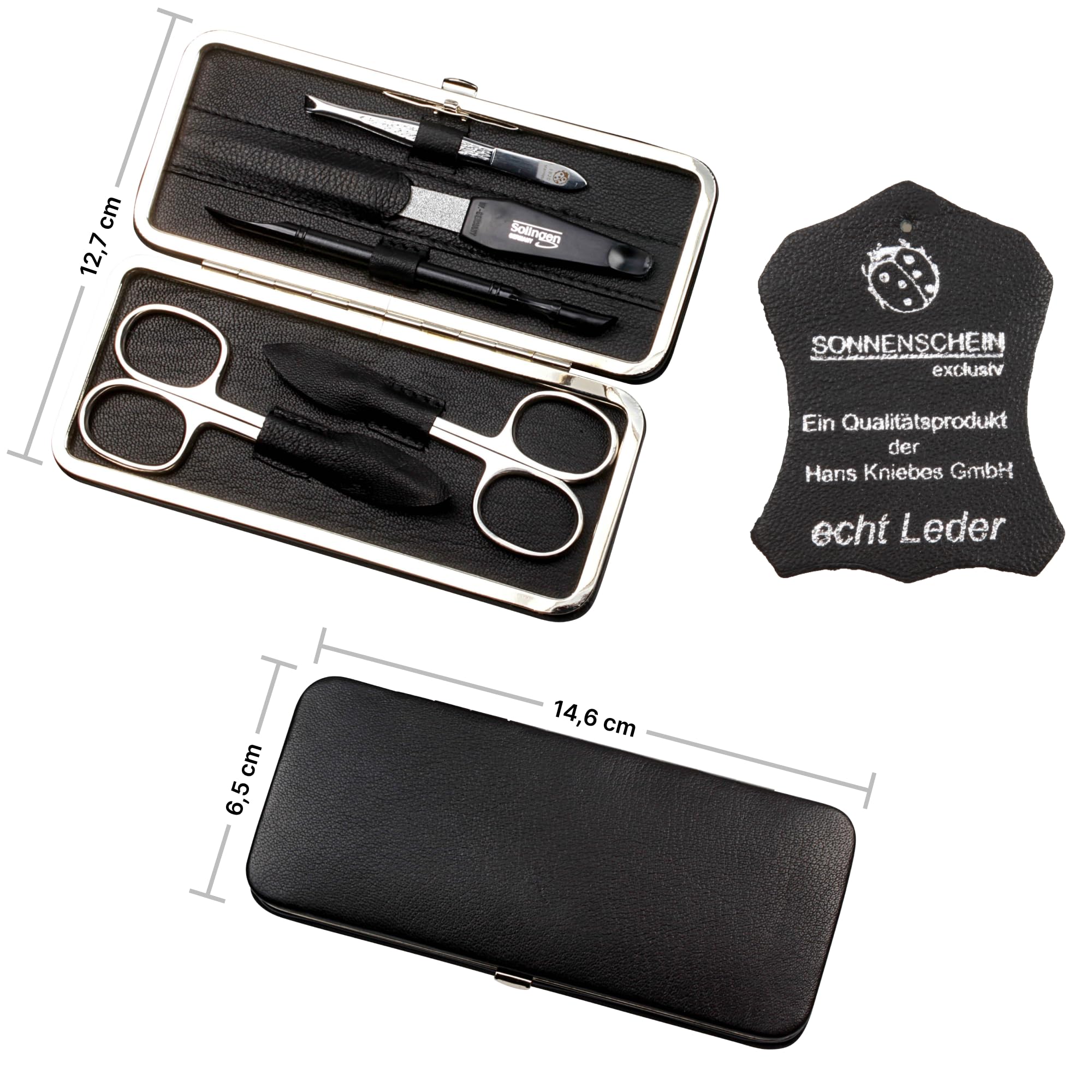 Sonnenschein by Hans Kniebes Juego de manicura de 5 piezas, tijeras para uñas, tijeras para piel, lima de uñas, pinzas, bastón, funda de piel de cordero, color negro