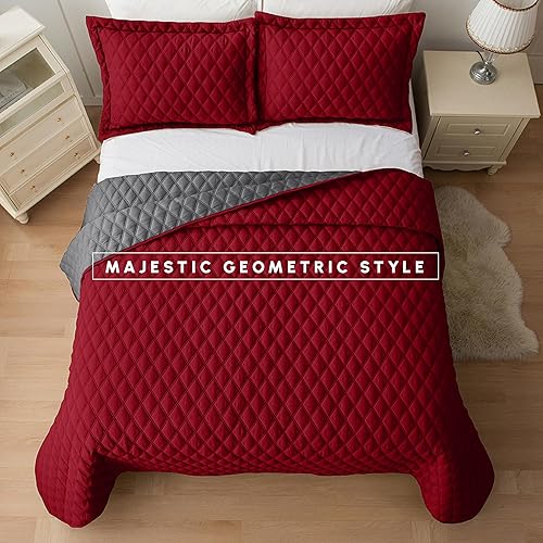 Miniatura 5 de Elegant Comfort Juego de colcha reversible acolchada de 3 piezas con fundas de almohada, exquisitas costuras de diamante para todas las estaciones,