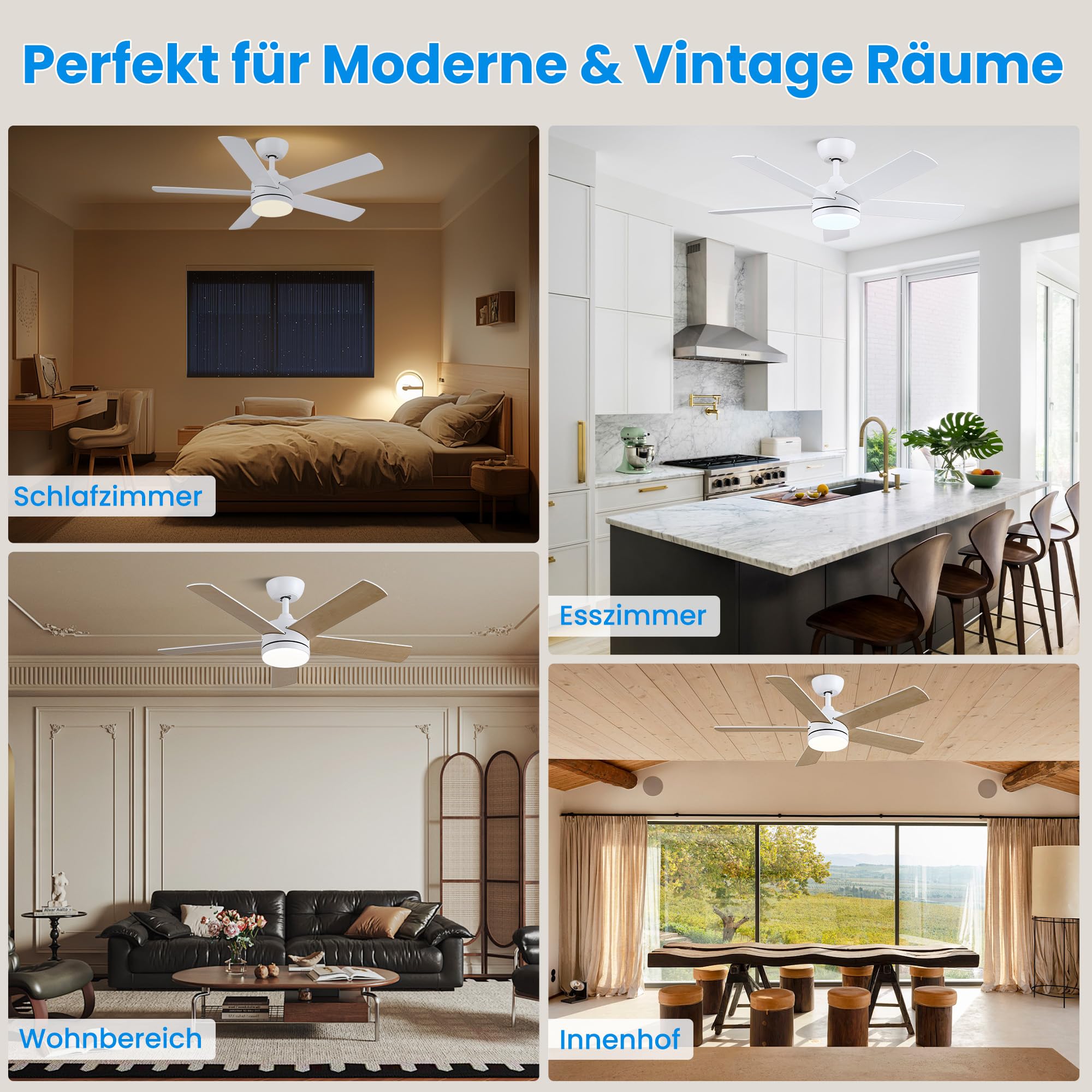 CJOY Deckenventilator mit Beleuchtung 107cm Weiß/Holz Fernbedienung Leise 3 CCT 5 Blätter Umkehrbar