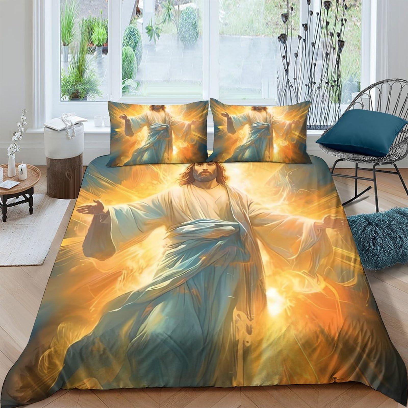 Ctjqhvkz Style-2 3D Printed Divine Light Fitted Sheet Microfiber Artistic Jesus Bed Cover For Bedroom Guest Room Decoration Protection Single（135X200cm）
