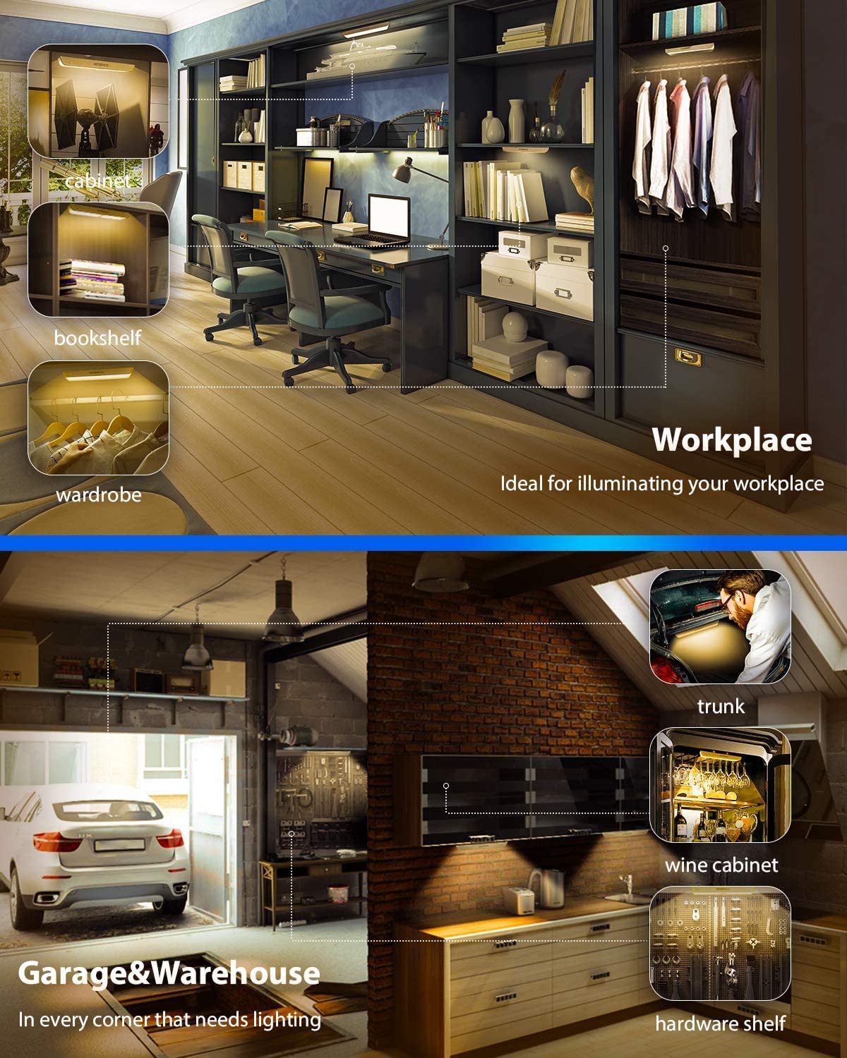 Various applications of the STANBOW Motion Sensor Under Cabinet Light, including workplace, garage, cabinet, bookshelf, wardrobe, trunk, wine cabinet, and hardware shelf.