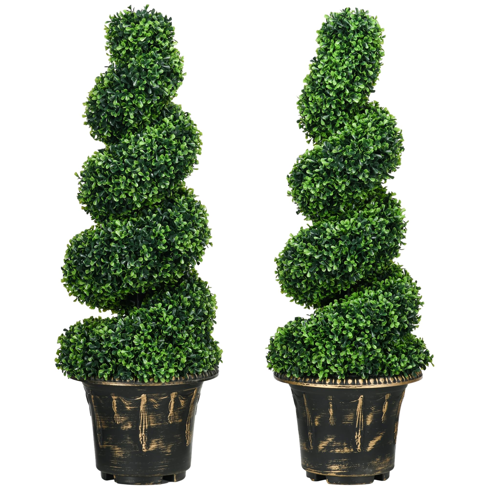 HOMCOM Set of 2 Decorative Artificial Plants Topiary Spiral Boxwood Trees in Pot, Fake Plants for Home Indoor Outdoor Decor, 90cm, Green