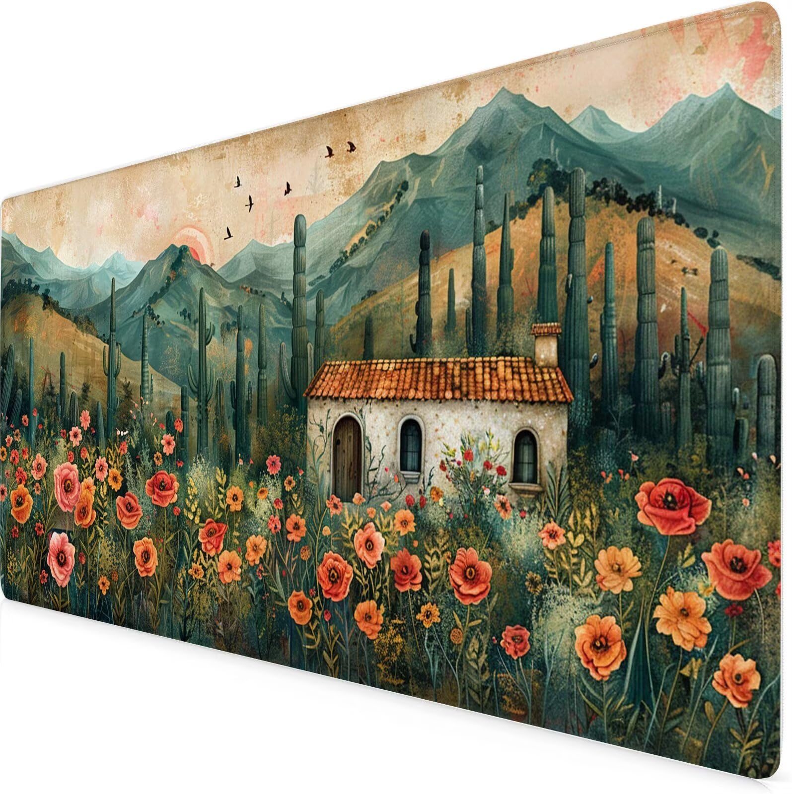 Podkładka pod mysz 1500 x 800 x 3 mm kaktus pod rękę biurko kwiat wodoodporna antypoślizgowa, zmywalna gumowa podstawa, ulepszona szybkość i precyzja, podkładka pod mysz do ochrony biura, domu, PC K7
