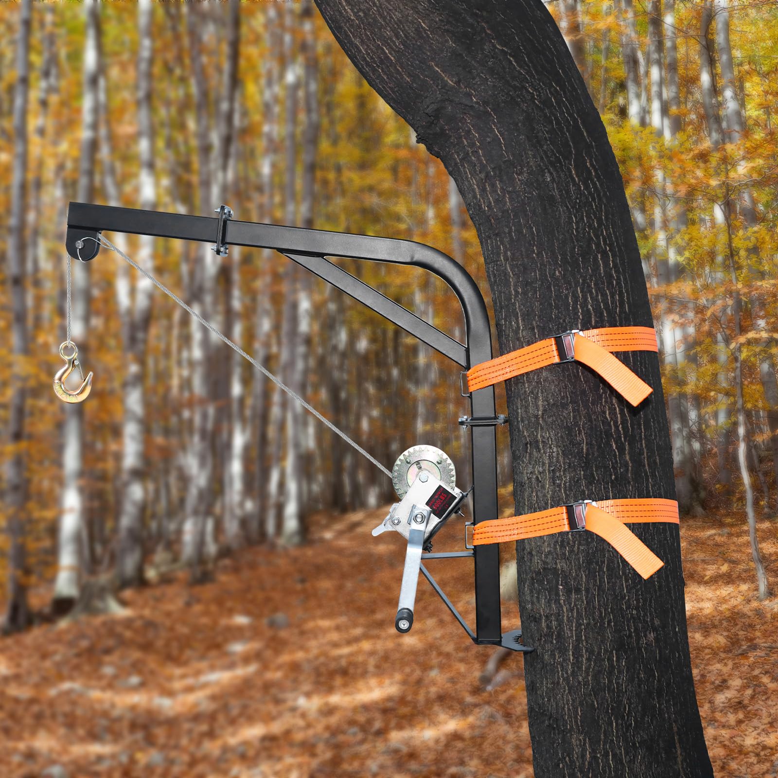 Feekoon Sollevatore per cervi montato su albero, capacità di carico 272,2 kg, resistente, con verricello manuale e cavo in acciaio per scuoiare, pulire, appendere mangime e condimento sul campo (nero)