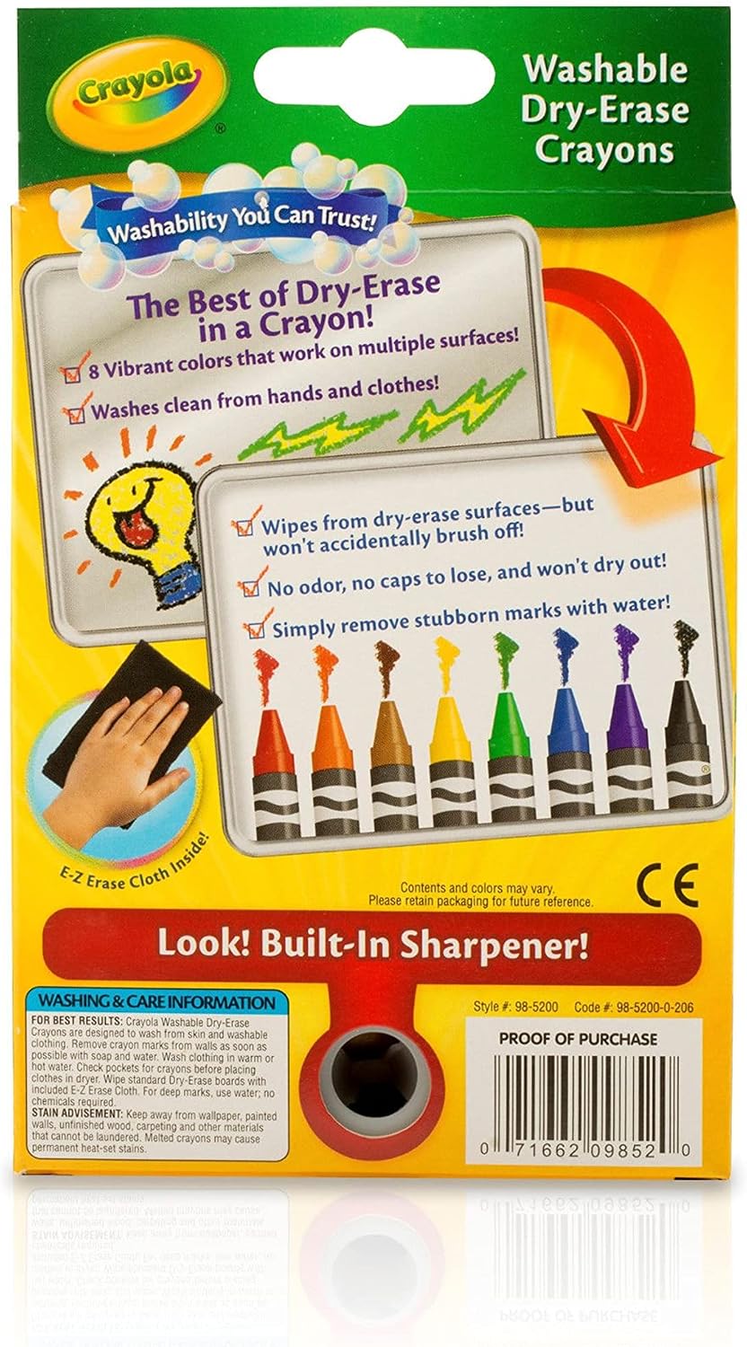 Crayola Washable Dry Erase Crayons for Kids 8ct with Eraser & Sharpener