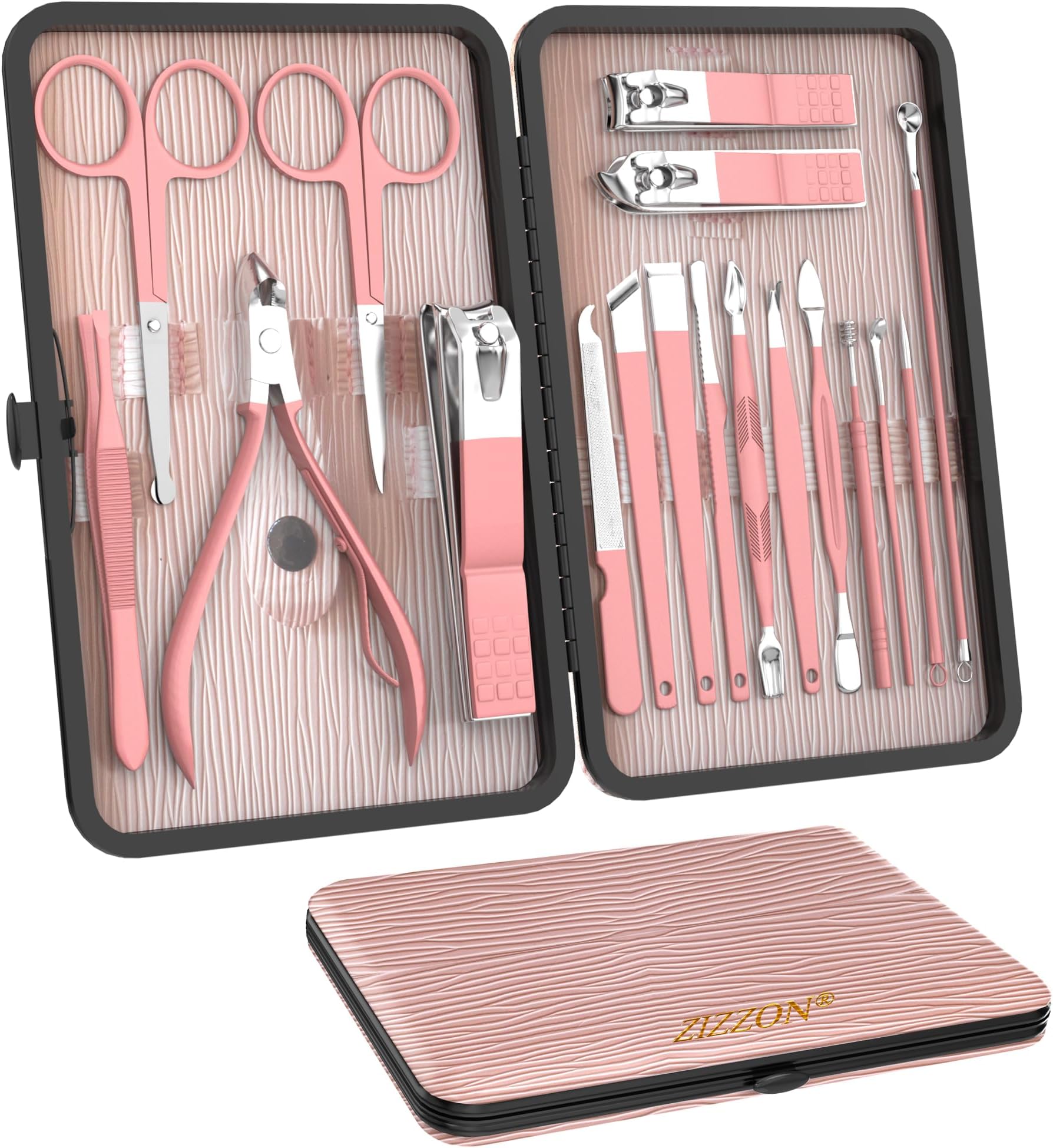 ZIZZON Manicure Set 18 in 1 Professional Pedicure Set Nail scissors Grooming Kit with Leather Travel Case Pink