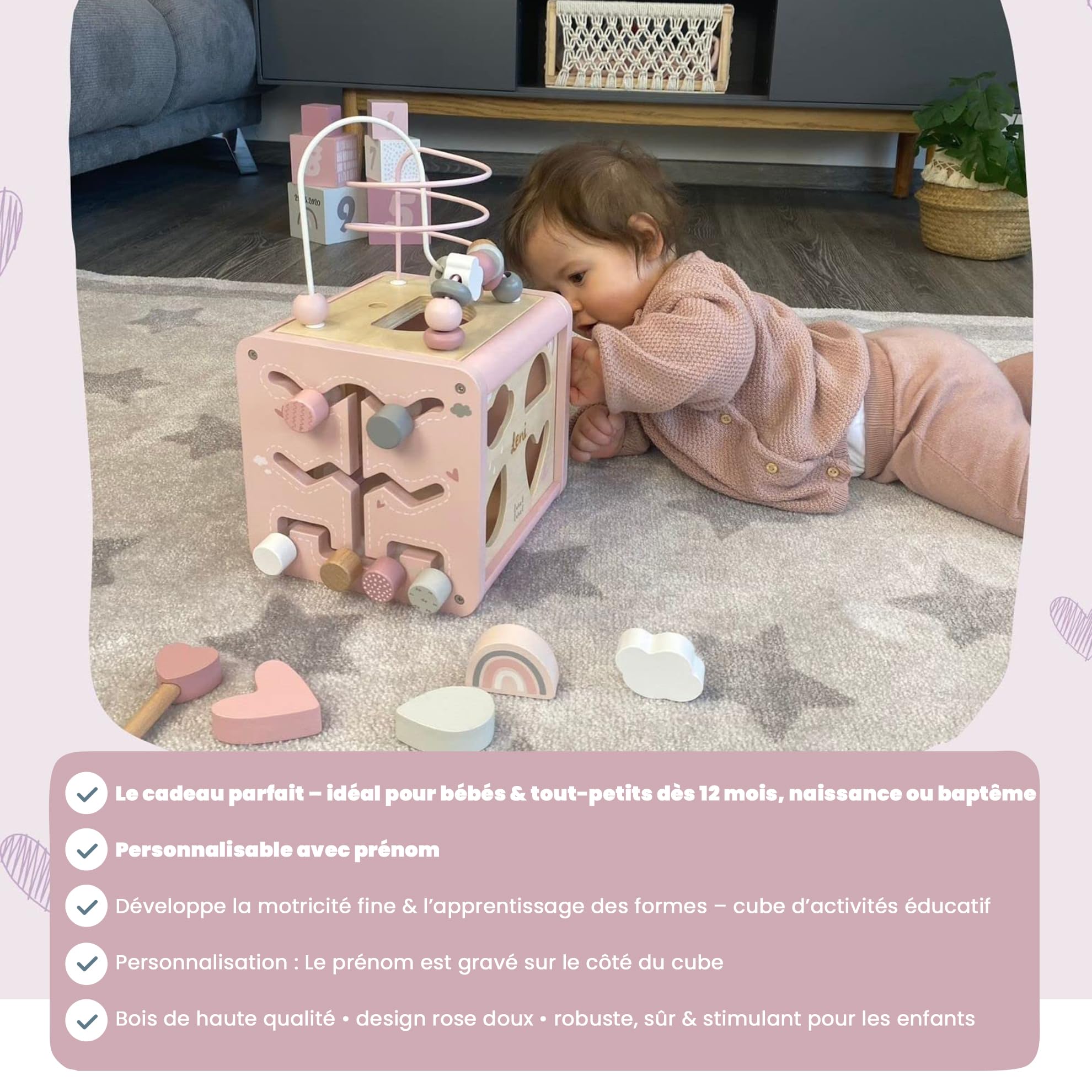 Cube d’activités en Bois Rose Personnalisable pour Enfants dès 12 Mois – Label Label