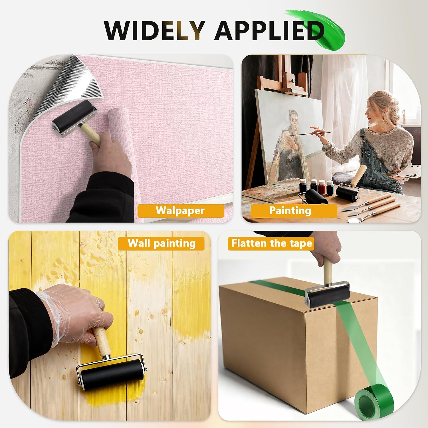 6 Pack Rubber Brayer Roller Kit, 3 Sizes Rubber Rollers with 3 Scrapers for Printmaking Wallpaper Ink Stamping Gluing Oil Painting Plastic Relief Crafting Art DIY - 1.4 in, 2.4 in, 4 in