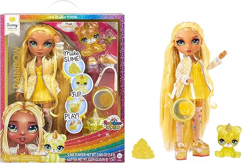 Rainbow High Sunny, amarillo con kit de limo y mascota, rubia de 11 pulgadas brillante posable muñeca de moda con slime brillante, mascota mágica de